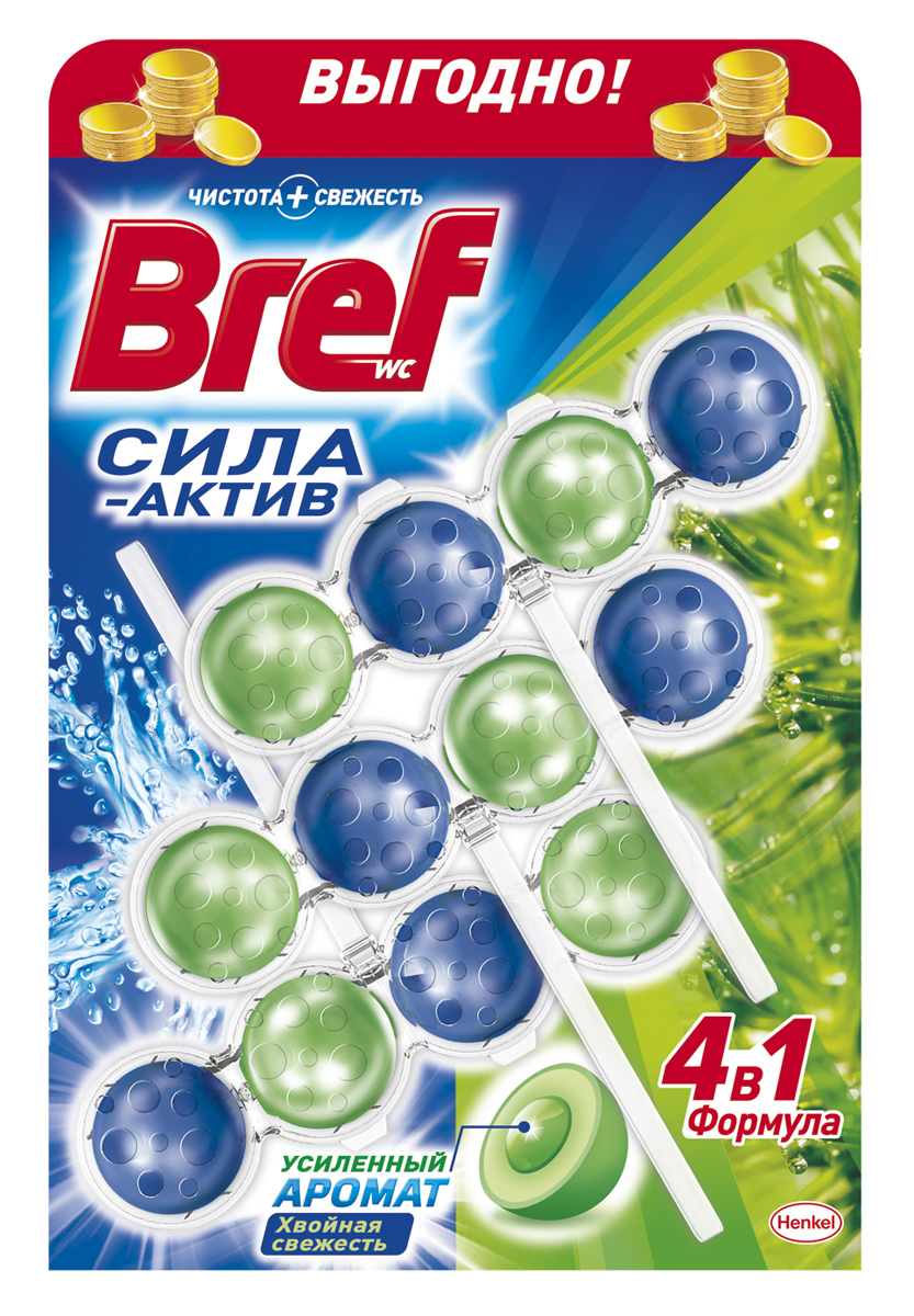 Чистящее средство для унитаза Bref Сила-Актив Хвойная свежесть 3х50г935255 Чистящее средство для унитаза Bref Сила-Актив Хвойная свежесть 3х50г935255Чистящее средство для унитаза Bref Сила-Актив Хвойная свежесть - это подвесной туалетный блок с формулой 4 в 1, который обеспечивает: 1. Гигиеническую чистоту 2. Защиту от известкового налета 3. Свежесть хвои 4. Обильную пену Тройная упаковка Bref Сила-Актив - выгодное предложение! Освободите корзинку от упаковки. Повесьте Bref Сила-Актив под ободок Вашего унитаза. Состав: >30% анионные ПАВ; 5-15% неионогенные ПАВ; Товар сертифицирован.