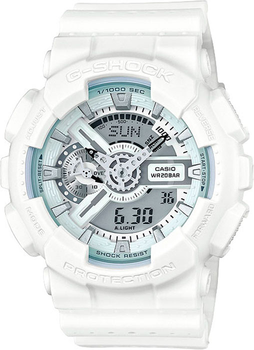 Часы наручные мужские Casio G-Shock, цвет: белый. GA-110LP-7AGA-110LP-7A Часы наручные мужские Casio G-Shock, цвет: белый. GA-110LP-7AGA-110LP-7AЭлемент питания CR1220. Точность хода не хуже -/+15 сек./в месяц. Срок службы батареи 2 года. Электрическая светодиодная подсветка с функцией автоматической подсветки при наклоне часов к лицу. Отображение текущего времени в основных городах и регионах мира. 29 временных зон (48 городов + Универсальное координирование времени), отображение кода города, переход на летнее время. Секундомер с точностью показаний 1/1000 сек и максимальным временем измерения - 10 час. Таймер с функцией автоповтора. 5 будильников в возможностью работы в пятидневном и еженедельном режимах. Функция повтора сигнала будильника (Snooze). Автоматический календарь. Особая ударопрочная конструкция защищает от ударов и вибрации. Магнитоустойчивость по 1 разряду японского промышленного стандарта (Соответствует стандарту MOC-ISO 764) обеспечивает устойчивость к воздействию магнитных полей. Минеральное стекло устойчивое к возникновению царапин. Водозащита до 20 АТМ. Ремешок из полимерного материала. Размеры корпуса 55...