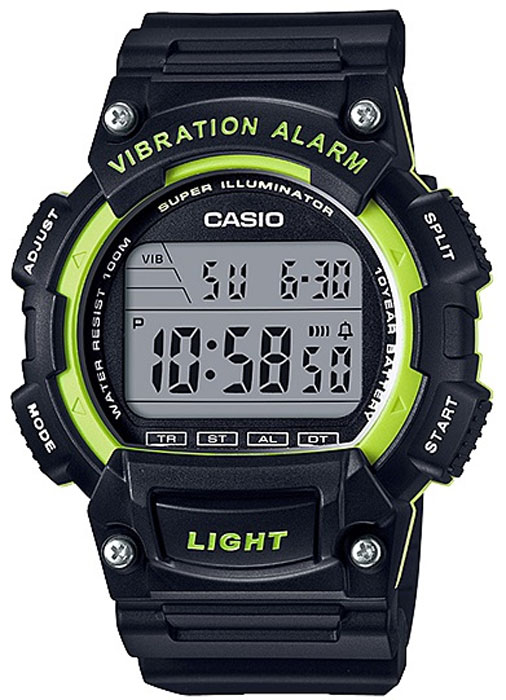 Часы наручные Casio Collection, цвет: черный, салатовый. W-736H-3AW-736H-3A Часы наручные Casio Collection, цвет: черный, салатовый. W-736H-3AW-736H-3AЭлектрическая светодиодная подсветка циферблата повышенной яркости. Одновременное отображение текущего времени в двух разных часовых поясах. Секундомер с точностью показаний 1/100 сек и максимальным временем измерения - 24 час. Таймер обратного отсчета. Ежедневный будильник со звуковым сигналом. Автоматический календарь. Водозащита до 10 АТМ. Срок службы батареи 10 лет. Ремешок из полимерного материала.