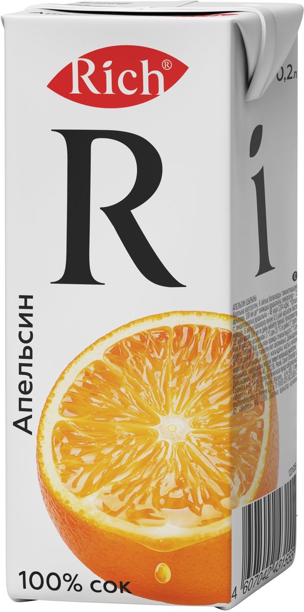 Rich Апельсиновый сок, 0,2 л757104 Rich Апельсиновый сок, 0,2 л757104Насыщенный оранжевый цвет Rich Апельсин наполняет ощущением бодрости и энергии. Сладкий вкус фрукта открывается в разнообразии оттенков, сплетаясь со сложными нотами бодрящей кислинки. Нежная мякоть подчеркивает экзотический микс вкуса и аромата. Строгий отбор сочных и свежих фруктов, постоянный контроль производства и готовой продукции - составляющие безупречного качества соков и нектаров Rich, высокие стандарты которого всегда соблюдались с момента запуска на российском рынке. Но что действительно отличает продукцию под маркой Rich - это изысканный, многогранный вкус, рождающийся благодаря сочетанию разных сортов одного фрукта в соках и нектарах.