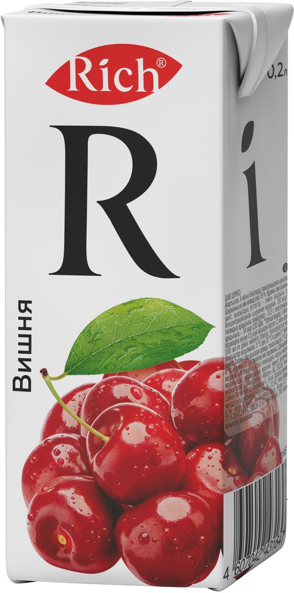 Rich Вишневый нектар, 0,2 л916302 Rich Вишневый нектар, 0,2 л916302Утонченная вишня Rich обладает глубоким вкусом, в котором нежность и насыщенность, почти десертная сладость и мягкая кислинка, интенсивность и шелковистость образуют экспрессивную палитру с тонами ягод. Ее изящество подчеркнуто благородным темно-красным, с рубиновой искрой цветом, играющим на свету. Строгий отбор сочных и свежих фруктов, постоянный контроль производства и готовой продукции - составляющие безупречного качества соков и нектаров Rich, высокие стандарты которого всегда соблюдались с момента запуска на российском рынке. Но что действительно отличает продукцию под маркой Rich - это изысканный, многогранный вкус, рождающийся благодаря сочетанию разных сортов одного фрукта в соках и нектарах.