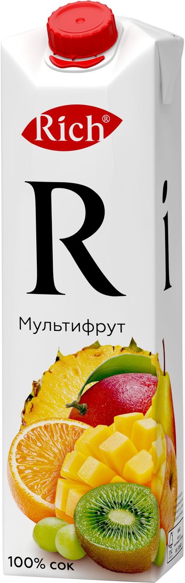 Rich Мультифруктовый сок, 1 л979803 Rich Мультифруктовый сок, 1 л979803Освежите свой день экзотическими фруктами, которыми наполнен сок Rich Мультифрут, открывая для себя новые грани вкуса. Строгий отбор сочных и свежих фруктов, постоянный контроль производства и готовой продукции - составляющие безупречного качества соков и нектаров Rich, высокие стандарты которого всегда соблюдались с момента запуска на российском рынке. Но что действительно отличает продукцию под маркой Rich - это изысканный, многогранный вкус, рождающийся благодаря сочетанию разных сортов одного фрукта в соках и нектарах.
