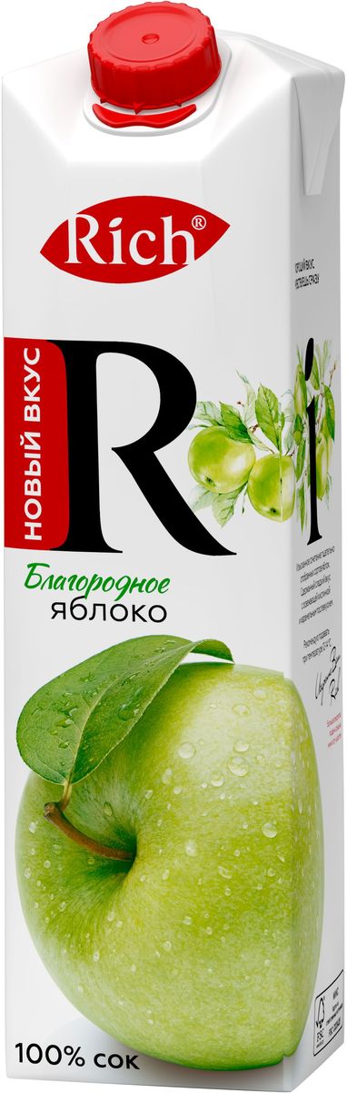 Rich Яблочный сок, 1 л750005 Rich Яблочный сок, 1 л750005Умелое сочетание тщательно отобранных сортов яблок создает особый вкус Rich Благородное яблоко. При комнатной температуре в аромате сока чувствуются нежные цветочные ноты. Сбалансированный, обволакивающий вкус спелого сочного яблока мягкий, умеренно-сладкий, округлый с долгим медово- карамельным послевкусием. Строгий отбор сочных и свежих фруктов, постоянный контроль производства и готовой продукции - составляющие безупречного качества соков и нектаров Rich, высокие стандарты которого всегда соблюдались с момента запуска на российском рынке. Но что действительно отличает продукцию под маркой Rich - это изысканный, многогранный вкус, рождающийся благодаря сочетанию разных сортов одного фрукта в соках и нектарах.