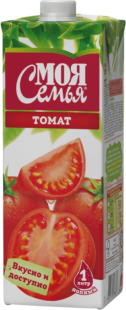 Моя Семья Томатный нектар, 1 л1481502 Моя Семья Томатный нектар, 1 л1481502Спелые и сочные томаты – вот основа томатного нектара Моя Семья, поэтому наш нектар является природным источником витамина Е и калия, которые полезны для здоровья.