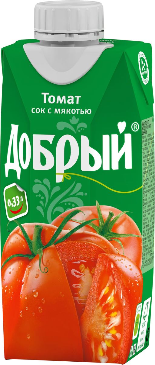 Добрый Томатный сок, 0,33 л1487901 Добрый Томатный сок, 0,33 л1487901Созданный из спелых томатов и приправленный солью и сахаром для большей пикантности, этот сок остается одним из самых популярных вкусов Доброго. Качественные и вкусные 100% соки, нектары и морсы Добрый, сделанные с добротой и щедростью, выпускаются в России с 1988 года. Добрый - самый любимый и популярный соковый бренд в России. Это натуральный и вкусный продукт, который никогда не жертвует качеством, с широким ассортиментом вкусов и упаковок, который позволяет каждому выбирать то, что нужно именно ему. Для питания детей с 3-х лет. Бренд Добрый заботится не только о вкусе и качестве своих соков и нектаров, но и об обществе, помогая растить добро и делая мир вокруг немного лучше. Программа Растим добро по адаптации детей, оставшихся без попечения родителей, - одна из социальных инициатив, на которую идет часть средств от продажи каждой упаковки Добрый. В 2016 году программа Растим Добро действует в 31 детском доме в 7...