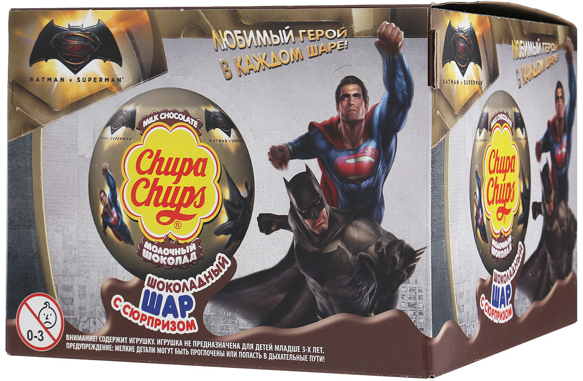 Chupa Chups Бэтмен и Супермен молочный шоколад, 18 штук по 20 г8253028 Chupa Chups Бэтмен и Супермен молочный шоколад, 18 штук по 20 г8253028Внутри каждого шоколадного шара Chupa Chups вы найдете новую игрушку, а снаружи - именно такой шоколад, как вы любите. Какая игрушка попадется в этот раз? Соберите всю коллекцию и обменивайтесь с друзьями! Уважаемые клиенты! Обращаем ваше внимание, что полный перечень состава продукта представлен на дополнительном изображении. Игрушка не предназначена для детей младше трех лет.