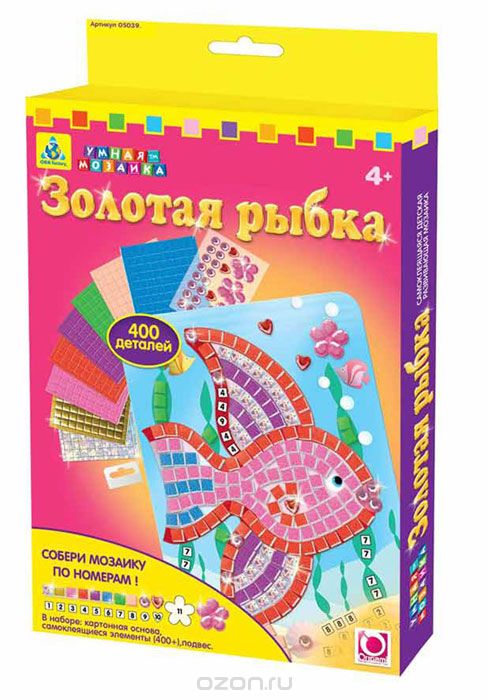 Мозаика по номерам Золотая рыбка05039 Мозаика по номерам Золотая рыбка05039Мозаика по номерам Золотая рыбка позволит вам и вашему ребенку без особого труда создать великолепную блестящую картину с изображением сказочной золотой рыбки. В набор входят 1 картонная основа, 1 подвес и более 400 самоклеящихся элементов. Мозаика позволит познакомиться с морскими жителями - разместите элементы мозаики по номерам, и чешуйки рыбки засверкают, словно настоящие драгоценности! Умная мозаика с самоклеящимися элементами отличается высоким качеством исполнения и красочным цветовым дизайном. На картонную основу уже нанесен рисунок. Процесс создания мозаики несложен и под силу даже ребенку - сначала нужно выбрать элементы мозаики по номеру и цвету, затем отделить их от общего блока и наклеить на подходящее по номеру и цвету место на рисунке. Данный набор прекрасно развивает моторику рук и пространственное мышление, а также воображение и внимательность. Готовую мозаику можно использовать для оформления детской комнаты, а также в качестве подарка на любой праздник....