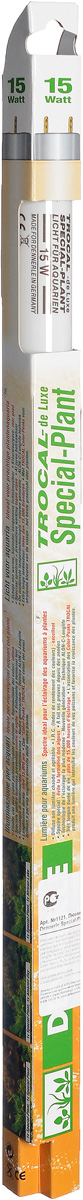 Лампа люминесцентная Dennerle Special Plant, Т8, 15 Вт, длина 43,8 смDEN1121 Лампа люминесцентная Dennerle Special Plant, Т8, 15 Вт, длина 43,8 смDEN1121Люминесцентная лампа Dennerle Special Plant предназначена для освещения пресноводных аквариумов. Лампа покрыта UV-стоп защитной пленкой для предотвращения роста водорослей. Создает гармоничную световую атмосферу в аквариуме, имеет оптимальный спектр для фотосинтеза и идеальную цветовую температуру, обеспечивая пышный рост всех аквариумных растений. Благодаря высокой степени цветопередачи рыбы и растения освещаются в самых выигрышных тонах. Люминесцентная лампа Dennerle Special Plant обладает специальными спектрально-цветовыми пиками (COLAR Color-Peaks). Лампа изготовлена по новейшей технологии Longlife-Technik, что гарантирует свыше 15000 часов работы.
