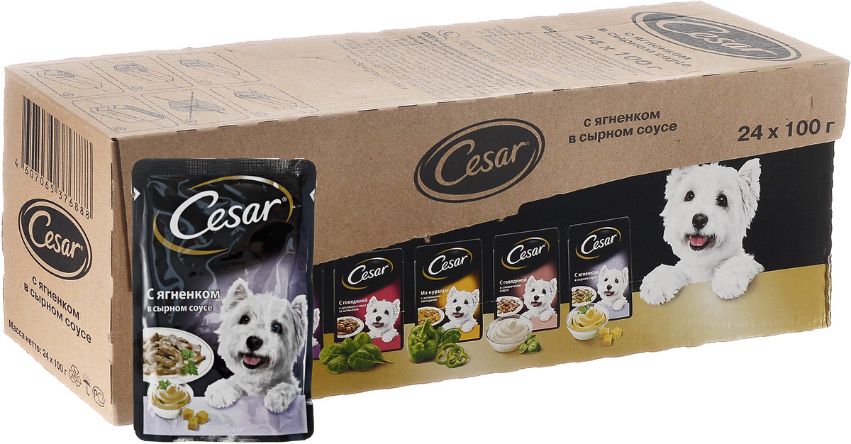 Корм консервированный Cesar, для взрослых собак всех пород, с ягненком в сырном соусе, 100 г, 24 шт42060 Корм консервированный Cesar, для взрослых собак всех пород, с ягненком в сырном соусе, 100 г, 24 шт42060Полнорационный сбалансированный корм для взрослых собак Cesar идеально подойдет вашему любимцу. Аппетитные мясные кусочки в нежном сырном соусе содержат все питательные вещества, витамины и минералы, необходимые для сбалансированного питания вашей собаки каждый день. Это изысканное блюдо - яркий пример того, как простые ингредиенты в руках истинного кулинара превращаются в удивительно вкусное блюдо. Сочные, тающие во рту кусочки ягненка рождают нежный вкус, который подарит настоящее удовольствие вашей собаке. Товар сертифицирован.