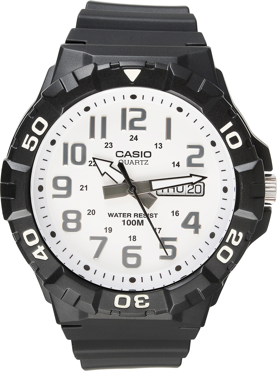Часы наручные мужские Casio Collection, цвет: черный, белый. MRW-210H-7AMRW-210H-7A Часы наручные мужские Casio Collection, цвет: черный, белый. MRW-210H-7AMRW-210H-7AСтильные спортивные мужские часы Casio выполнены из пластика в стилистике дайверских часов. Часы оснащены кварцевым механизмом с тремя стрелками, поворотным безелем и устойчивым к царапинам пластиковым стеклом, степенью влагозащиты 10 ATM. На стрелки нанесен специальный светонакопительный состав с ярким послесвечением даже после кратковременного воздействия света. Изделие дополнено резиновым ремешком, оснащенным удобной классической застежкой, позволяющей максимально комфортно и быстро снимать и одевать часы. Часы поставляются в фирменной упаковке. Элегантный дизайн и современный стиль часов Casio из коллекции Classic раскроют непревзойденный вкус их обладателя.