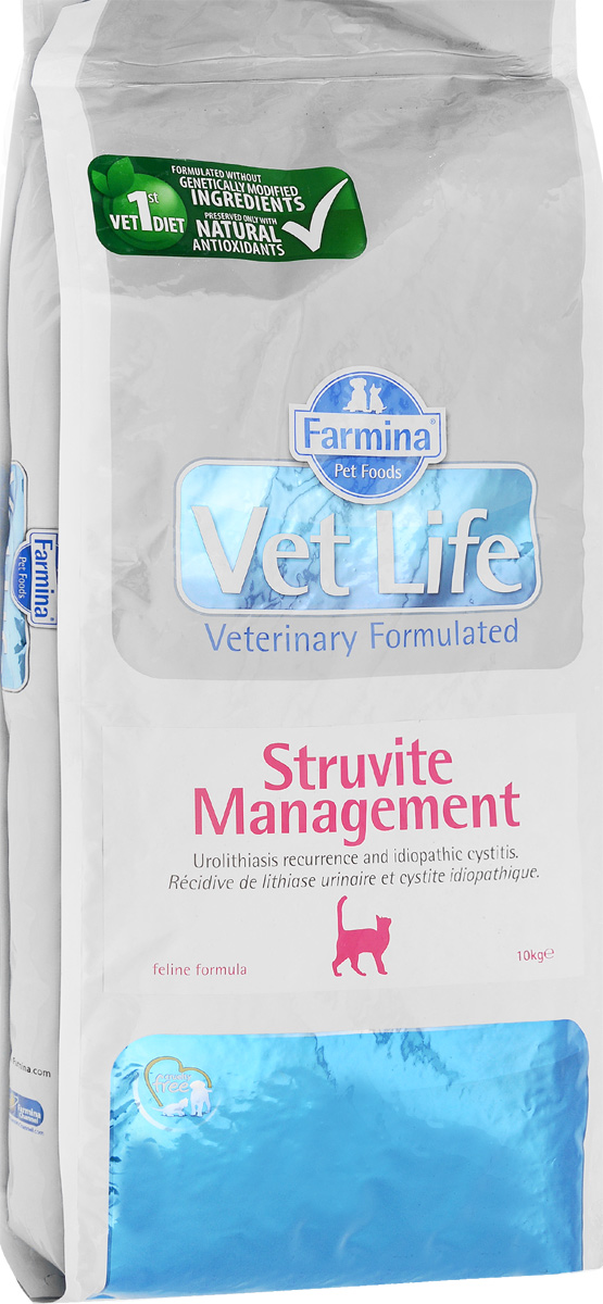 Корм сухой диетический Farmina Vet Life для кошек, для лечения и профилактики рецидивов струвитного уролитиаза и идиопатического цистита, 10 кг24824 Корм сухой диетический Farmina Vet Life для кошек, для лечения и профилактики рецидивов струвитного уролитиаза и идиопатического цистита, 10 кг24824Сухой корм Farmina Vet Life - это диетическое полнорационное и сбалансированное питание кошек для лечения и профилактики рецидивов струвитного уролитиаза и идиопатического цистита. Низкое содержание белка, кальция, фосфора и магния создает неблагоприятные условия для агрегации и кристаллизации осадка в моче. Добавка DL-метионина и хлорида аммония создает и поддерживает рН мочи, который способствует растворению и препятствует повторному образованию струвитов. Создаются неблагоприятные условия для размножения бактерий в мочевом пузыре. Товар сертифицирован.