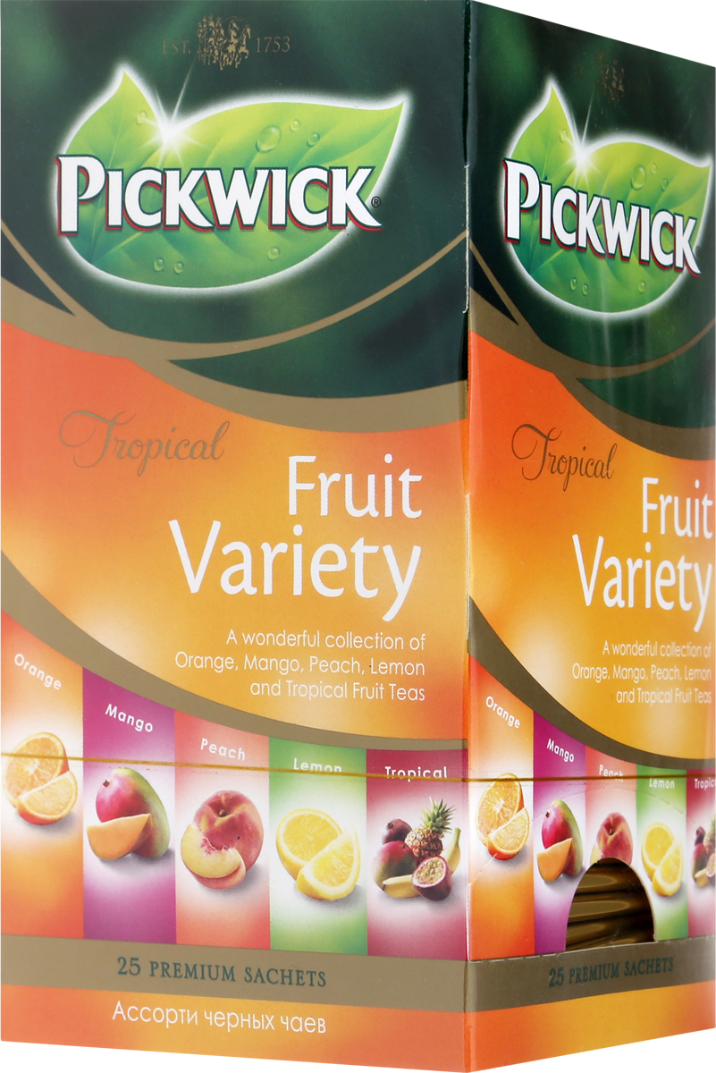 Pickwick Tropical Fruit Variety черный чай в пакетиках, 25 шт8711000251041 Pickwick Tropical Fruit Variety черный чай в пакетиках, 25 шт8711000251041С 1753 года чай Pickwick заслужил любовь ценителей чая во всем мире своим отменным качеством. Тропическое ассорти Pickwick Tropical Fruit Variety - это пять восхитительных летних настроений. Вам предстоит увлекательный выбор: апельсин, манго, персик, лимон или тропический коктейль - каждый из пяти вкусов таит в себе аромат знойных тропиков. Уважаемые клиенты! Обращаем ваше внимание, что полный перечень состава продукта представлен на дополнительном изображении.