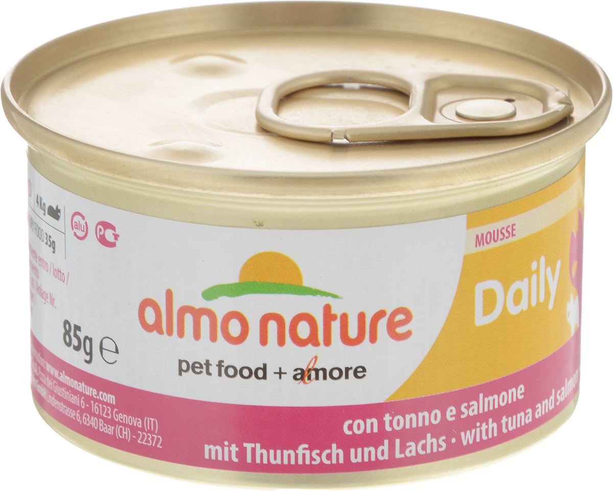 Консервы для кошек Almo Nature Daily Menu, мусс с тунцом и лососем, 85 г20352 Консервы для кошек Almo Nature Daily Menu, мусс с тунцом и лососем, 85 г20352Приятный сюрприз для вашей кошки - нежное мясо, превращенное в деликатный мусс с использованием ингредиентов высочайшего качества. Любая привереда замурлыкает от удовольствия, если у нее в миске окажется такой деликатес как консервы Almo Nature Daily Menu. Особый метод приготовления консервированного корма Almo Nature сохраняет привлекательный аромат и свежесть продукта, ведь мясо приготавливается в собственном бульоне и только затем превращается в мусс. Минералы, также присутствующие в составе, особенно медь, участвуют в формировании костной и тканевой системе, выполняют функции антиоксиданта. Состав: мясо и его производные, рыба и ее производные (тунец 4%, лосось 4%), минералы, экстракт растительного белка. Пищевые добавки: витамин A 1110 IU/кг, витамин D3 140 IU/кг, витамин E 10 мг/кг, таурин 490 мг/кг,сульфат меди пентагидрат 4,4 мг/кг (Cu 1,1 мг/кг); технологические добавки: камедь кассии 3000 мг/кг. Пищевая...