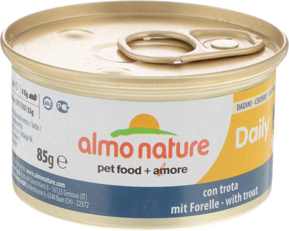 Консервы для кошек Almo Nature Daily Menu, с форелью, 85 г24064 Консервы для кошек Almo Nature Daily Menu, с форелью, 85 г24064Almo Nature Daily Menu - нежное мясо, превращенное в деликатный мусс с использованием ингредиентов высочайшего качества. Любая привереда замурлыкает от удовольствия, если у нее в миске окажется такой деликатес. Особый метод приготовления консервированного корма Almo Nature Daily Menu сохраняет привлекательный аромат и свежесть продукта, ведь мясо приготавливается в собственном бульоне и только затем превращается в мусс. Минералы, также присутствующие в составе, особенно медь, участвуют в формировании костной и тканевой системе, выполняют функции антиоксиданта. Состав: свежая рыба (из которой форель 14%), минералы, сахар. Пищевые добавки: витамин А мин. 1110 МЕ/кг, витамин D3 140 МЕ/кг, витамин Е 10 мг/кг, таурин 410 мг/кг, сульфат меди пентагидрат 3,2 мг/кг (Cu 0,8 мг/кг). Товар сертифицирован.