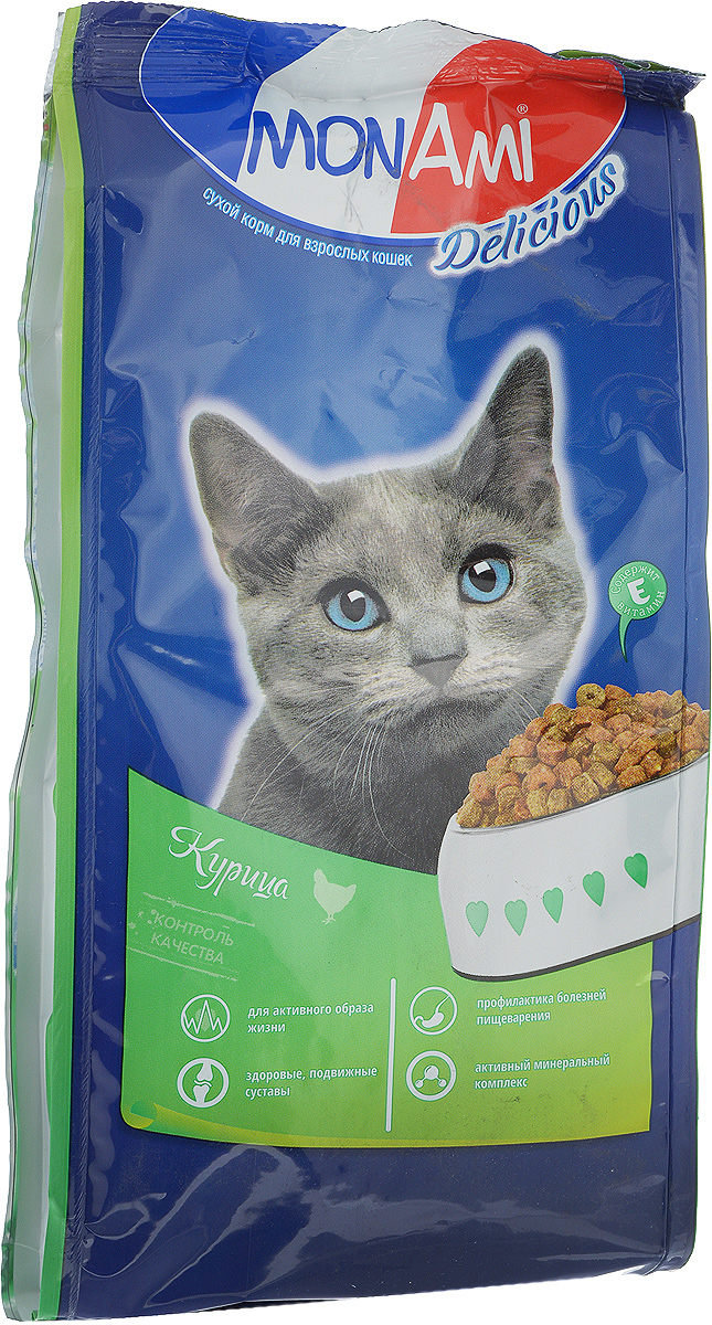 Корм сухой для кошек Mon Ami, с мясом курицы, 400 г59318 Корм сухой для кошек Mon Ami, с мясом курицы, 400 г59318Сухой корм для кошек Mon Ami - это полноценное сбалансированное питание для кошек, разработанное с использованием современных технологий. Особенности рациона: Необходимое сочетание ингредиентов для достижения правильной усвояемости питательных веществ организмом. Источник линолевой кислоты и правильного уровня витаминов группы В благотворно влияют на кожу и шерсть. Таурин - для здоровья глаз и сердца. Состав: злаки (пшеница, рис), экстракт белка растительного происхождения, мясо и продукты животного происхождения (в т.ч. курица), подсолнечное масло, минеральные добавки, гидролизованная печень, пульпа сахарной свеклы (жом), витамины, пивные дрожжи, таурин, антиоксидант. Анализ: сырой протеин 30%, сырой жир 10%, сырая зола 7%, сырая клетчатка 2,5%, влажность 10%, фосфор 0,9%, кальций 1,05%, витамин А 5000 МЕ/кг, витамин Д 500 МЕ/кг, витамин Е 30 мг/кг. Энергетическая ценность: 333 ккал/100 г. Товар сертифицирован.