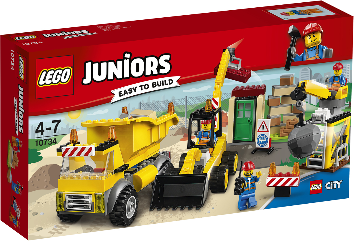 LEGO Juniors Конструктор Стройплощадка 1073410734 LEGO Juniors Конструктор Стройплощадка 1073410734Стань членом строительной команды LEGO City! Установи дорожное заграждение, сядь за руль самосвала и разгрузи строительные материалы. По рации руководи сносом кирпичной стены при помощи шарового тарана, а потом забирайся в кабину экскаватора и помоги своей команде установить балку в новом здании. На стройплощадке LEGO Juniors тебе не придется скучать!