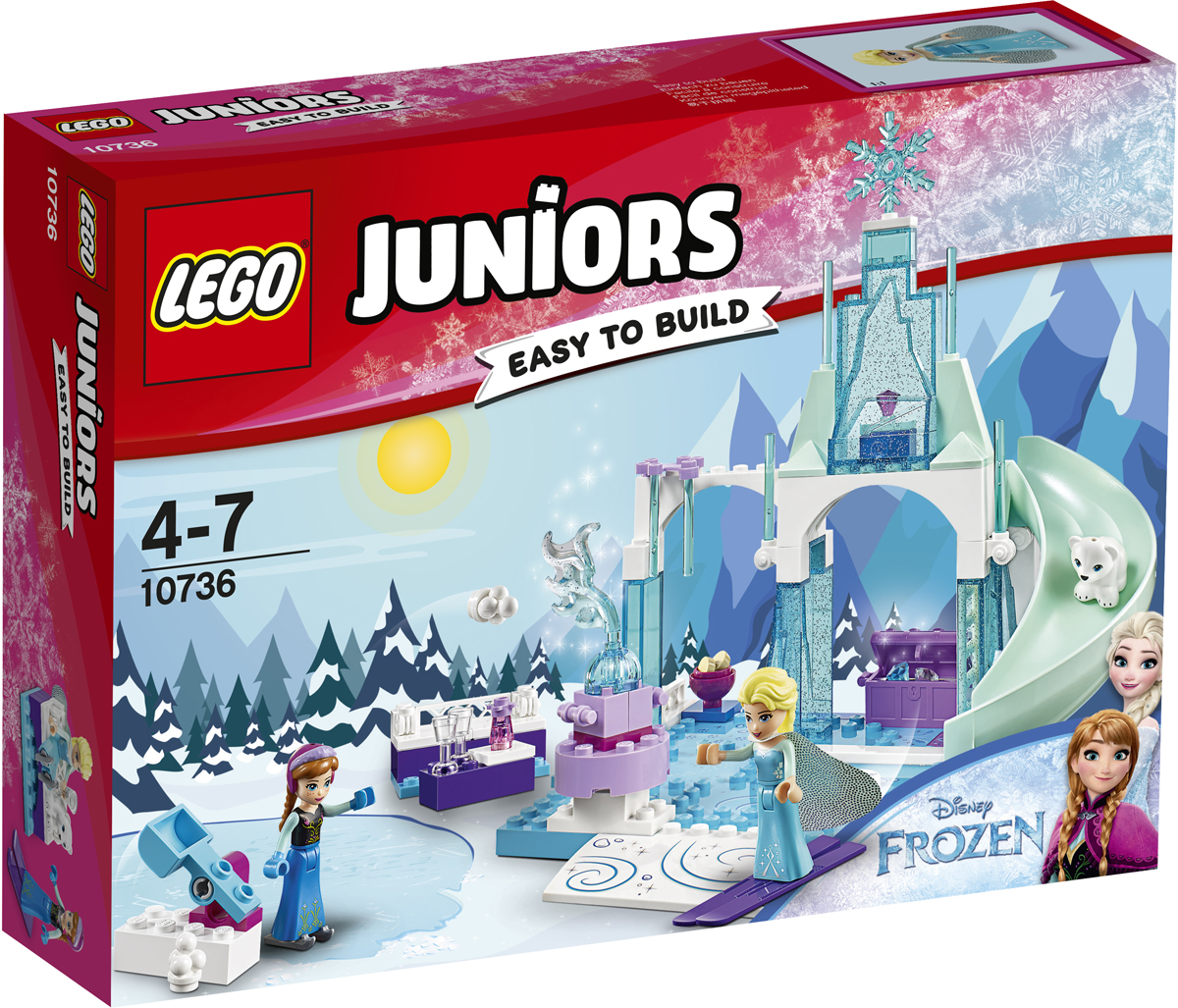 LEGO Juniors Конструктор Игровая площадка Эльзы и Анны 1073610736 LEGO Juniors Конструктор Игровая площадка Эльзы и Анны 1073610736Вперёд, навстречу приключениям с любимыми героями мультфильма Дисней «Холодное сердце»! Помоги Анне зарядить катапульту снежками. Теперь можно стрелять! Держись за вращающийся фонтан и кружись вместе с ним. Подтолкни полярного медвежонка — пусть весело несётся вниз с горки. Надень лыжи и скатись вниз по заснеженному склону холма. Теперь можно выпить чаю, чтобы согреться, и заглянуть в сундук с сокровищами, в котором спрятаны ледяные кристаллы. На сказочной зимней Игровой площадке столько весёлых развлечений!