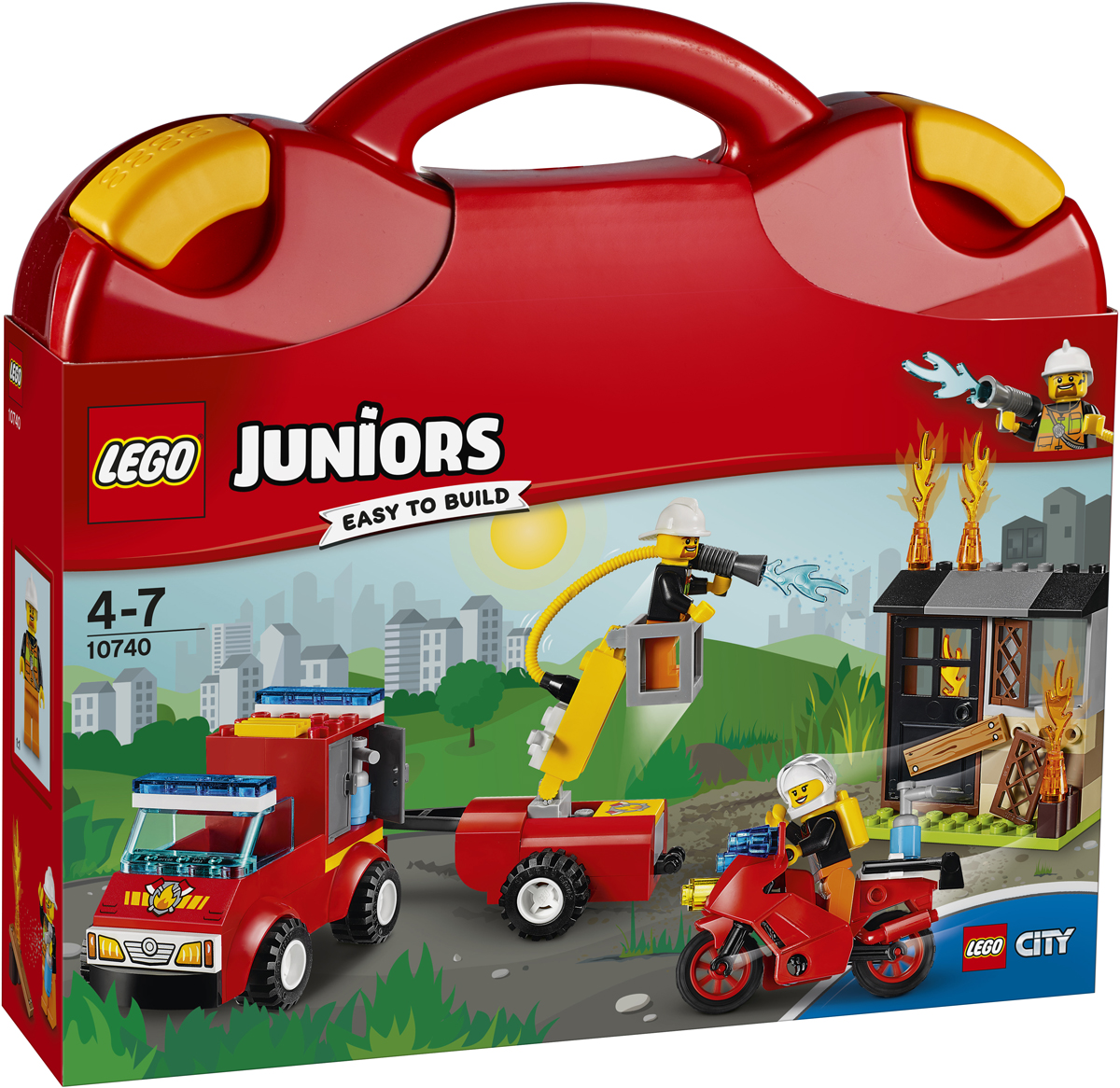 LEGO Juniors Конструктор Чемоданчик Пожарная команда 1074010740 LEGO Juniors Конструктор Чемоданчик Пожарная команда 1074010740В заброшенном доме вспыхнул пожар! Вызывай пожарную команду и вместе с ними отправляйся на место происшествия в городе LEGO City на быстром пожарном пикапе и мотоцикле! Помоги доблестным пожарным забраться на крышу с помощью подъемника и потуши огонь огнетушителями. Но осторожно: пламя вырывается из всех дверей! С чемоданчиком LEGO Juniors приключения поджидают тебя за каждым поворотом.