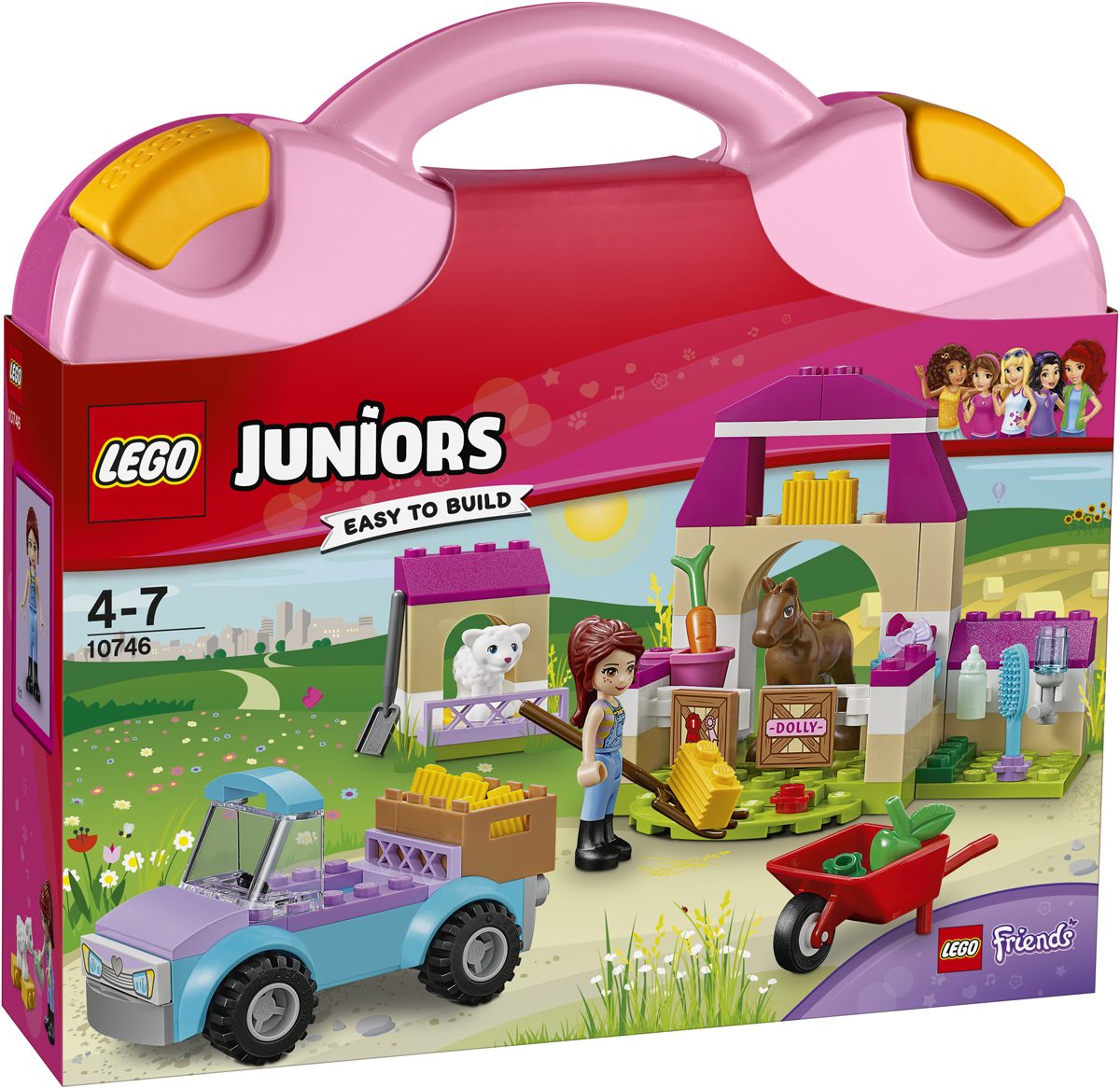 LEGO Juniors Конструктор Чемоданчик Ферма Мии 1074610746 LEGO Juniors Конструктор Чемоданчик Ферма Мии 1074610746Погрузи урожай в кузов пикапа и отвези Мию на ферму. С помощью тачки перевези тюки сена в конюшню, а потом накорми маленького ягненка из бутылочки в его загончике. На ферме LEGO Friends столько дел! Только не забудь позаниматься с жеребенком выездкой! Заботься о животных из весёлого чемоданчика LEGO Juniors, где бы ты ни оказалась.