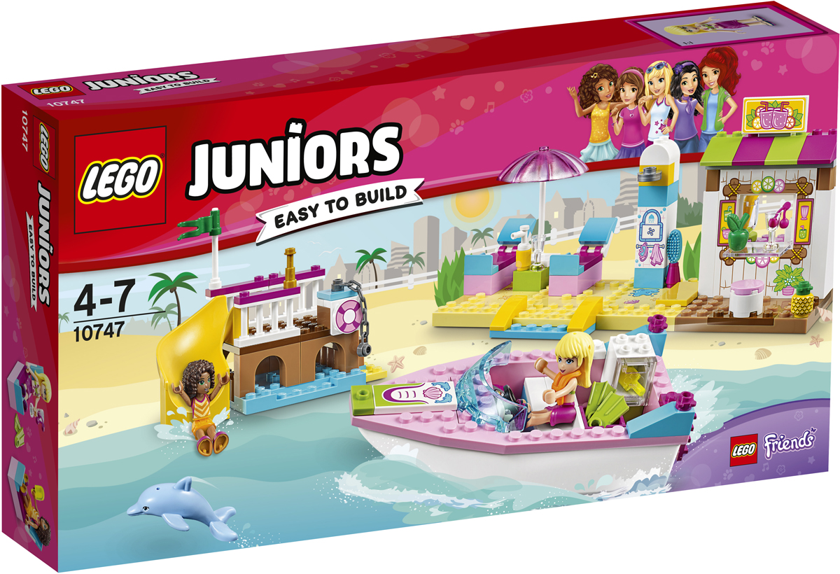 LEGO Juniors Конструктор День на пляже с Андреа и Стефани 1074710747 LEGO Juniors Конструктор День на пляже с Андреа и Стефани 1074710747Когда светит солнце, Стефани и Андреа не прочь повеселиться! Отправляйся на пляж вместе с подружками LEGO Friends, катайся на водной горке, выйди в море на быстроходном катере и поплавай в компании проплывающих мимо дельфинов. После такого активного отдыха все захотят пить, Можно вернуться на берег и взять смузи в киоске, а потом отдохнуть в шезлонге. Только не забудь нанести крем для загара!