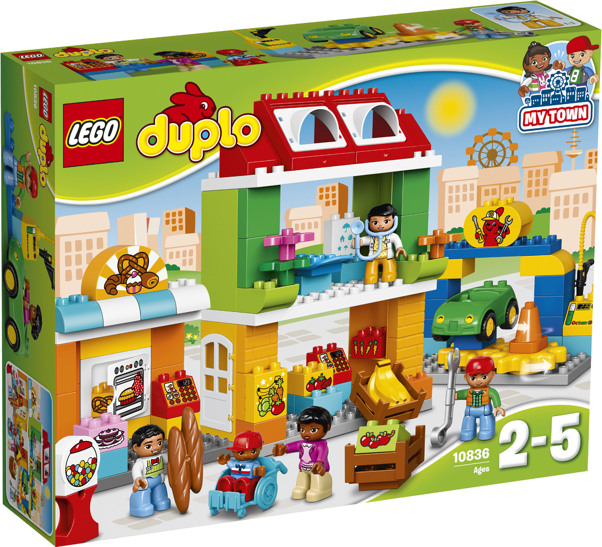 LEGO DUPLO Конструктор Городская площадь 1083610836 LEGO DUPLO Конструктор Городская площадь 1083610836Разыгрывайте реальные сценарии из жизни с помощью LEGO DUPLO: создавайте узнаваемый мир с новыми фигурками DUPLO. Собирайте набор «Городская площадь» вместе с малышом: здесь вам предстоит так много увидеть и сделать! Поворачивайте зубчатые колеса, чтобы машина развернулась для ремонта, покупайте свежие продукты в булочной и в овощном магазине или отправляйтесь на приём к врачу! В набор входят пять минифигурок DUPLO.