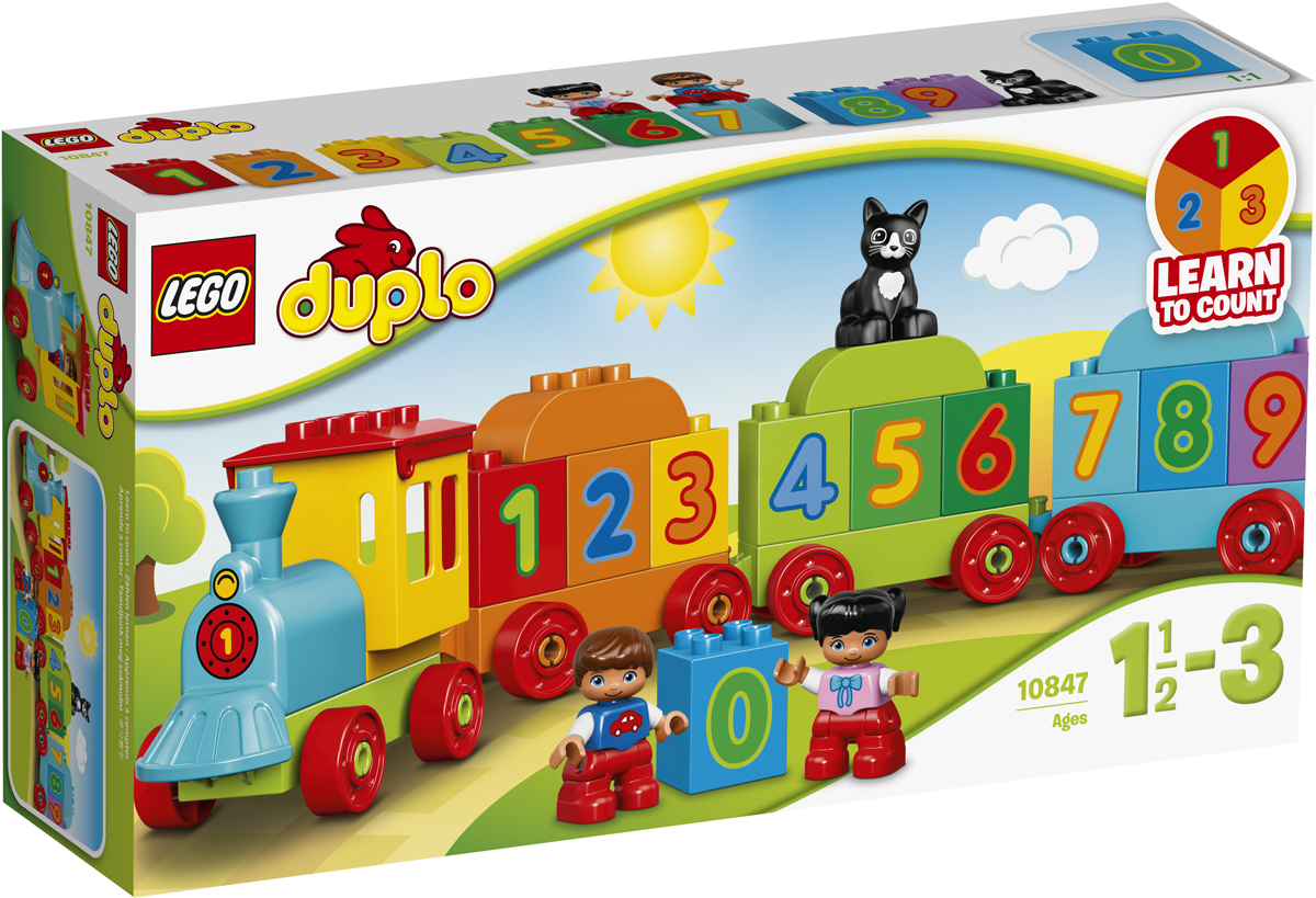 LEGO DUPLO Конструктор Поезд Считай и играй 1084710847 LEGO DUPLO Конструктор Поезд Считай и играй 1084710847Красочный поезд «Считай и играй» LEGO DUPLO познакомит ребенка с цифрами и арифметикой. Вашему малышу понравится строить и перестраивать этот поезд, при этом он будет постепенно запоминать цифры. Набор, в который также входят две минифигурки DUPLO, изображающие детей, и фигурка кошки, может стать источником бесконечных возможностей для сборки, игр с поездом и обучения. Крупные кубики LEGO DUPLO специально сконструированы так, чтобы они были безопасны и удобны для маленьких ручек.