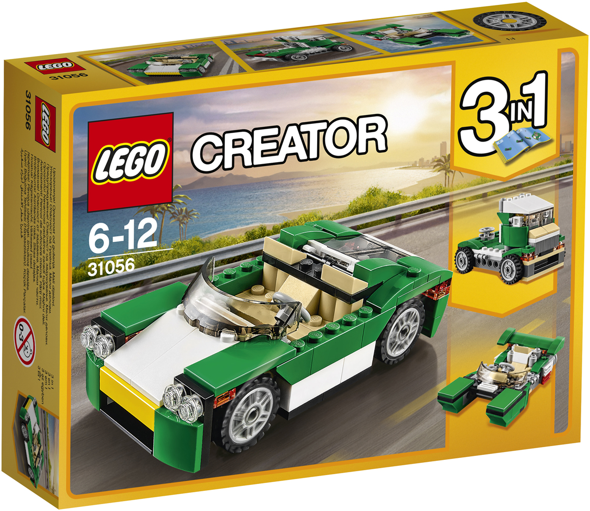 LEGO Creator Конструктор Зеленый кабриолет 3105631056 LEGO Creator Конструктор Зеленый кабриолет 3105631056Наслаждайся тёплыми солнечными лучами, катаясь по городу в элегантном Зелёном кабриолете с откидным верхом, притягивающем взгляды своей яркой зелёной, белой, жёлтой и чёрной цветовой гаммой, тонированным лобовым стеклом и просторной кабиной, рассчитанной на две минифигурки, с реалистичной приборной панелью и рулём. Подними крышку переднего багажника, чтобы воспользоваться багажным отсеком, или открой прозрачный задний капот, под которым находится двигатель. Кабриолет можно превратить в Скоростную лодку или Скоростной грузовик.