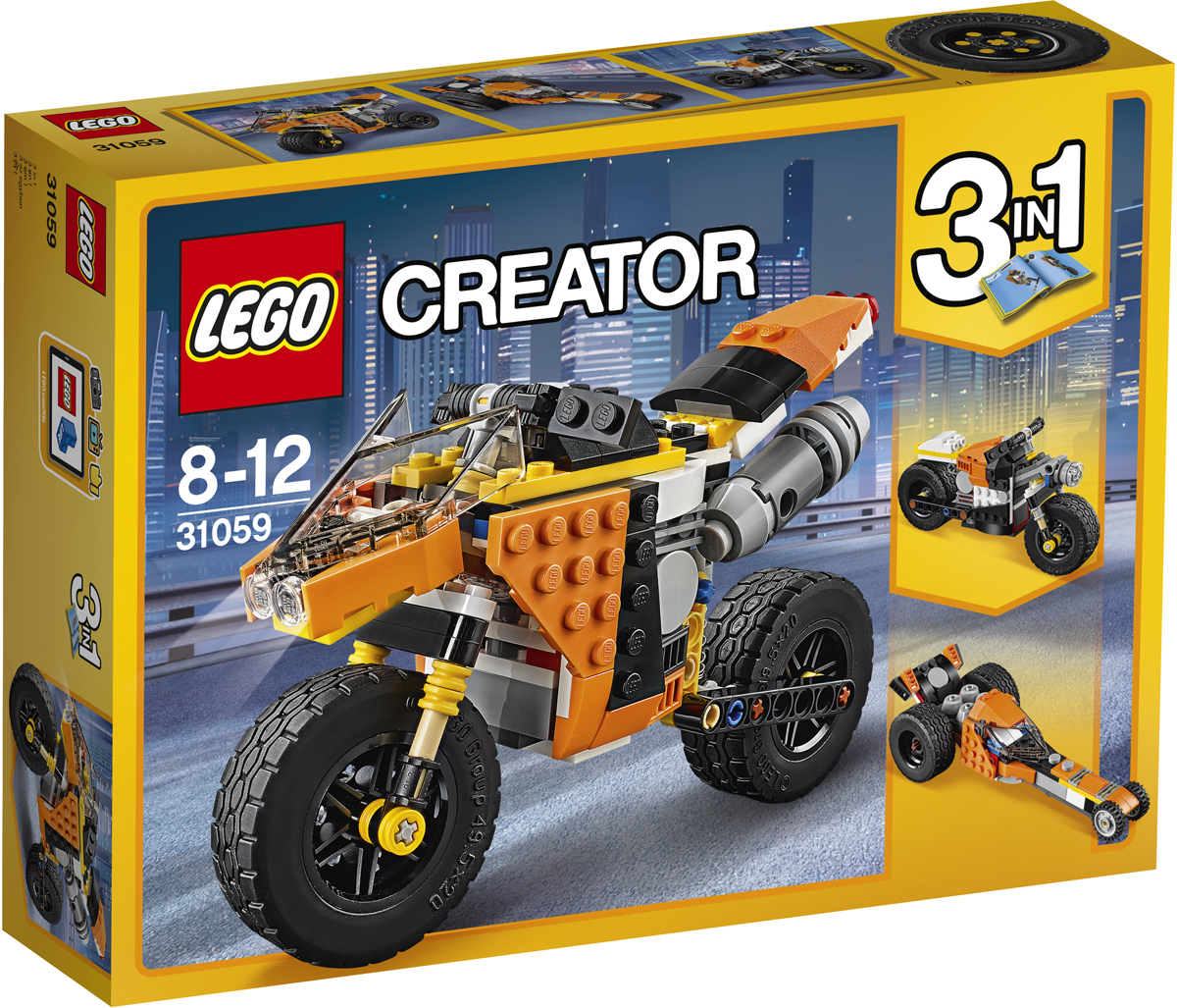 LEGO Creator Конструктор Оранжевый мотоцикл 3105931059 LEGO Creator Конструктор Оранжевый мотоцикл 3105931059Прокатись на удивительном Оранжевом уличном мотоцикле 3 в 1, выполненном в апельсиновой гамме с деталями чёрного и белого цвета, с реалистичным двигателем, экстра-широкими резиновыми шинами с высоко установленными брызговиками, действующей пружинной подвеской и узнаваемым спортивным дизайном. Посмотри, как точно выполнена выхлопная труба, лобовое стекло и руль. Скорее запрыгивай на него и в путь! Трансформируется в Шоссейный велосипед или Драгстер!