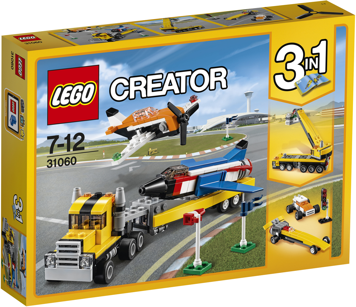 LEGO Creator Конструктор Пилотажная группа 3106031060 LEGO Creator Конструктор Пилотажная группа 3106031060Хочешь поразить всех удивительным представлением Пилотажной группы? В набор входит транспортировщик с огромным съёмным прицепом, два крутых самолета, два флага и ветроуказатель. Совершай головокружительные трюки на сверхзвуковом самолёте и научись выполнять мёртвую петлю на классическом винтовом самолёте. Удачного участия в авиашоу! Меняй передний, средний и задний модули, чтобы трансформировать одни модели в другие; собери Строительный грузовик или два сверхскоростных Гоночных автомобиля.
