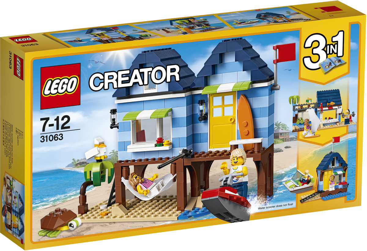 LEGO Creator Конструктор Отпуск у моря 3106331063 LEGO Creator Конструктор Отпуск у моря 3106331063Создай свой собственный уголок для летнего отдыха: построй уютный пляжный домик, выкрашенный в синюю полоску с красным креслом, аквариумом и потолочным вентилятором. Включи радио и отдохни, покачиваясь в удобном гамаке. Организуй место для рыбалки, прокатись на водном скутере, а после обеда отправляйся кататься на сёрфе или просто отдохни в тени пальмы в компании с морской черепахой! Если тебе захочется перемен, набор можно перестроить в Магазинчик у моря или Лодочную станцию в бухте.