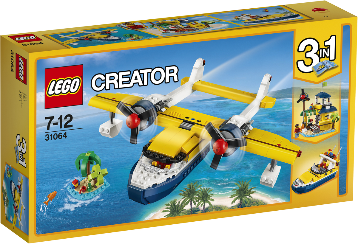 LEGO Creator Конструктор Приключения на островах 3106431064 LEGO Creator Конструктор Приключения на островах 3106431064Найди карту в бутылке и отправляйся на далёкий тропический остров на борту замечательного двухбалочного двухмоторного гидросамолёта с подвесными посадочными поплавками, выкрашенного в ярко-жёлтый, белый и тёмно-синий цвета. Загрузи грузовой отсек, открой кабину и поднимись на борт. Заведи огромные пропеллеры и поднимись в воздух. Используй свои навыки пилотирования, чтобы определить местонахождение острова, проверь все приборы и посади самолёт на спокойные воды океана! Из этого набора также можно собрать Островную хижину или Быстроходный катер.