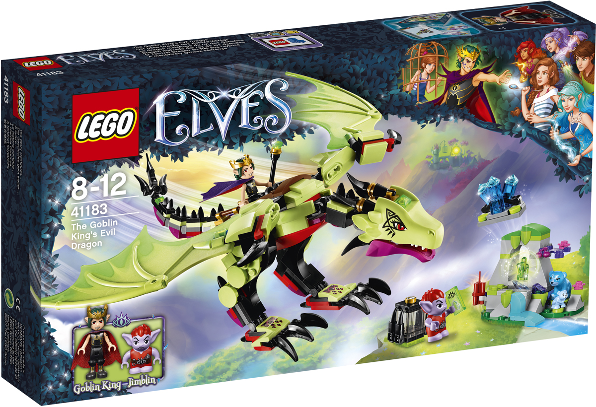 LEGO Elves Конструктор Дракон Короля Гоблинов 4118341183 LEGO Elves Конструктор Дракон Короля Гоблинов 4118341183На спине дракона Пеплокрыла, который управляется силой мысли, взмывай в небо вместе с Королём Гоблинов, отправившимся на охоту за кристаллами для укрепления своего портала! Поймай медведицу Блубери, которая вместе с Малышом Блу нашла пустую пещеру, в когти дракона, а потом скомандуй, чтобы гоблин Джимблин взорвал часть пещеры при помощи динамита. Там ты обнаружишь необыкновенный кристалл. Положи кристалл в клетку на спине Пеплокрыла и лети обратно в крепость Короля Гоблинов!
