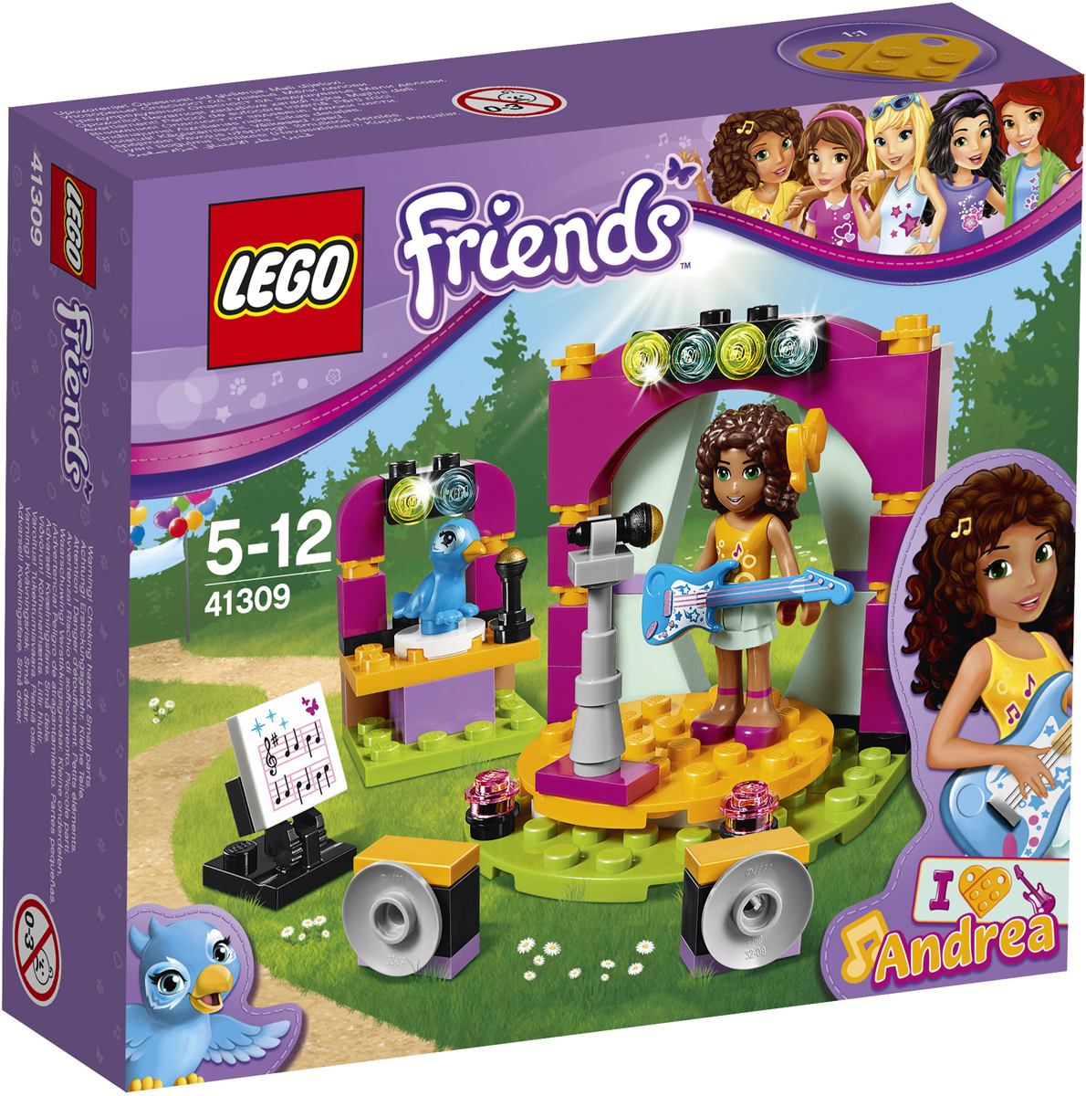 LEGO Friends Конструктор Музыкальный дуэт Андреа 4130941309 LEGO Friends Конструктор Музыкальный дуэт Андреа 4130941309Учись пению и актёрскому мастерству вместе с Андреа! Она прирождённая певица, а её попугай Клео обожает петь с ней хором! Помоги Андреа, которая играет на электрогитаре, выучить ноты, а когда она будет идеально готова к выступлению, пой вместе с ней и Клео и поворачивай вертящуюся сцену и стойку с попугаем, чтобы сделать концерт ещё зрелищнее.