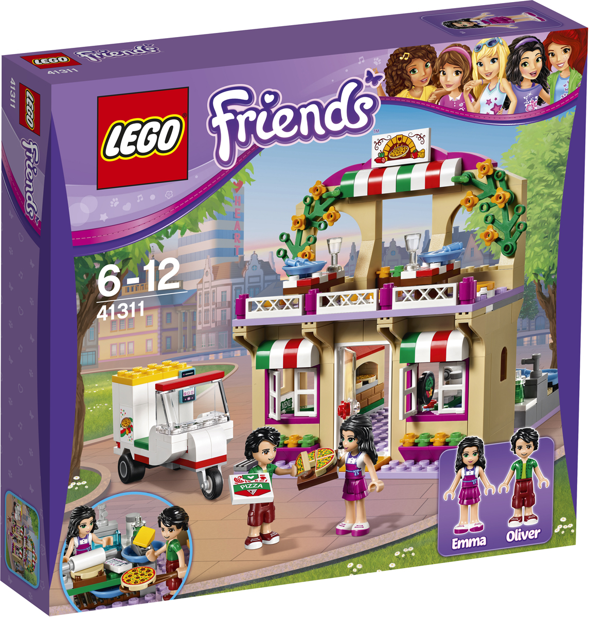 LEGO Friends Конструктор Пиццерия 4131141311 LEGO Friends Конструктор Пиццерия 4131141311Вместе с Эммой и Оливером приготовьте и подайте самую вкусную и свежую пиццу в популярной Пиццерии Хартлейк Сити. Выполни все заказы посетителей, и положи пиццу в духовку на лопатке. Потом отнеси пиццы наверх и подай гостям кафе на романтическом балконе ресторана. У Оливера есть заказы на доставку, поэтому прыгай на скутер и развози пиццу по всему Хартлейк Сити.