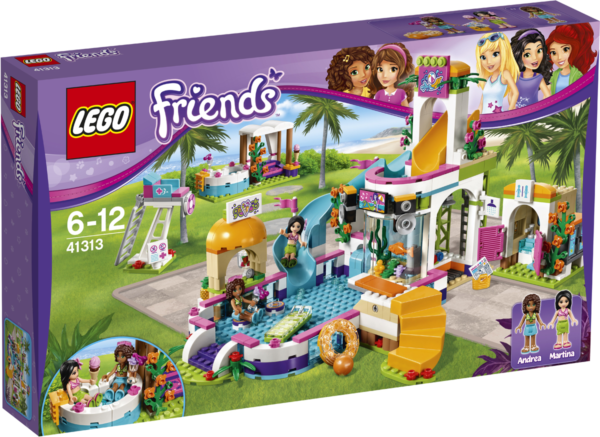 LEGO Friends Конструктор Летний бассейн 4131341313 LEGO Friends Конструктор Летний бассейн 4131341313Отдохни в бассейне с Андреа и Мартиной! Покатайся с ними с водной горки. Нырни с вышки, проплыви несколько раз туда и обратно и отправляйся в бар за лимонадом. Погрейся в горячей ванне, а потом почитай газету, лёжа в шезлонге. Проведи время в комнате отдыха или отправляйся в душевую, расположенную за аквариумом. Именно здесь подружки из Хартлейк Сити весело отдыхают на солнышке!