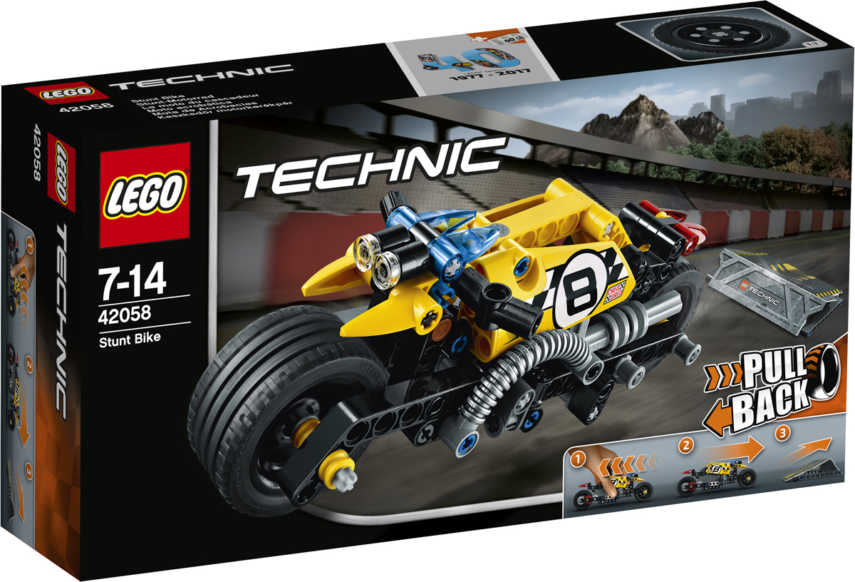 LEGO Technic Конструктор Мотоцикл для трюков 4205842058 LEGO Technic Конструктор Мотоцикл для трюков 4205842058Приготовься к лучшей поездке в своей жизни на потрясающем трюковом мотоцикле LEGO Technic, выполненном в яркой жёлто-чёрной гамме с клетчатыми гоночными наклейками и оснащённом передними и задними фарами, классными выхлопными трубами, суперширокими дисками и низкопрофильными шинами для лучшего сцепления с дорогой и баланса. Заведи мощный мотор и гоняй по каскадёрской рампе на невероятной скорости, чтобы выполнять удивительные трюки!