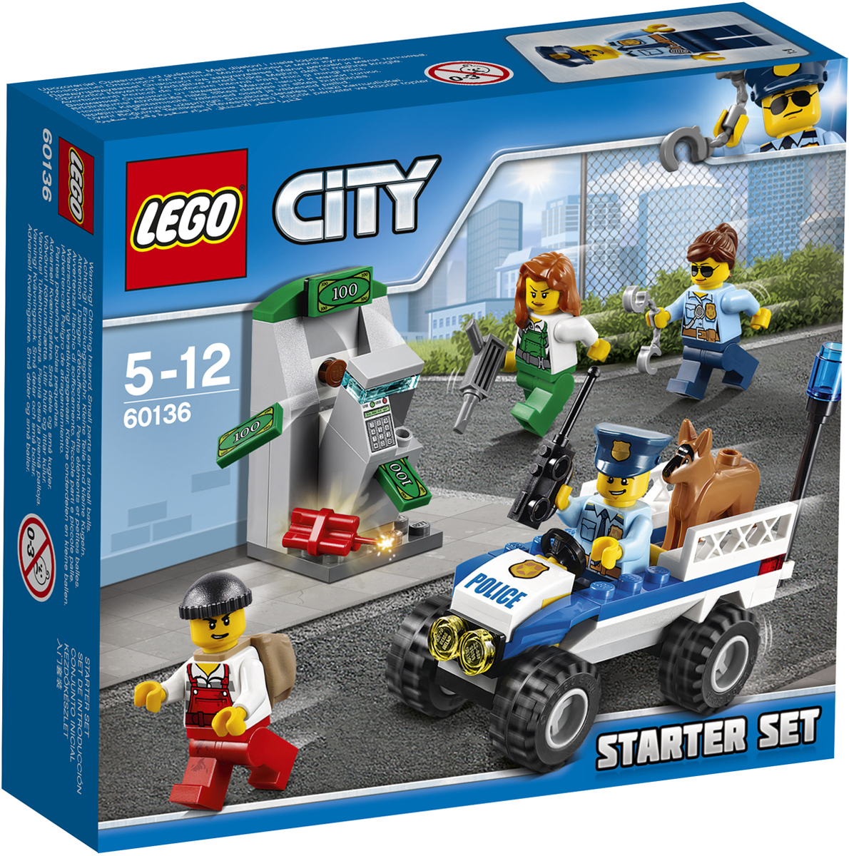 LEGO City Конструктор Полиция Стартовый набор 6013660136 LEGO City Конструктор Полиция Стартовый набор 6013660136Используйте полицейскую рацию и вызовите группу поддержки! Воры только что с помощью динамита взорвали стену, к которой крепился банкомат, и теперь пытаются взломать его отбойным молотком! Прыгайте за руль полицейского квадроцикла и мчитесь на место преступления с полицейской собакой, которая поможет полицейским арестовать воришек. Работать в полиции LEGO City всегда интересно! Набор включает в себя 80 разноцветных пластиковых элементов. Конструктор - это один из самых увлекательных и веселых способов времяпрепровождения. Ребенок сможет часами играть с конструктором, придумывая различные ситуации и истории.