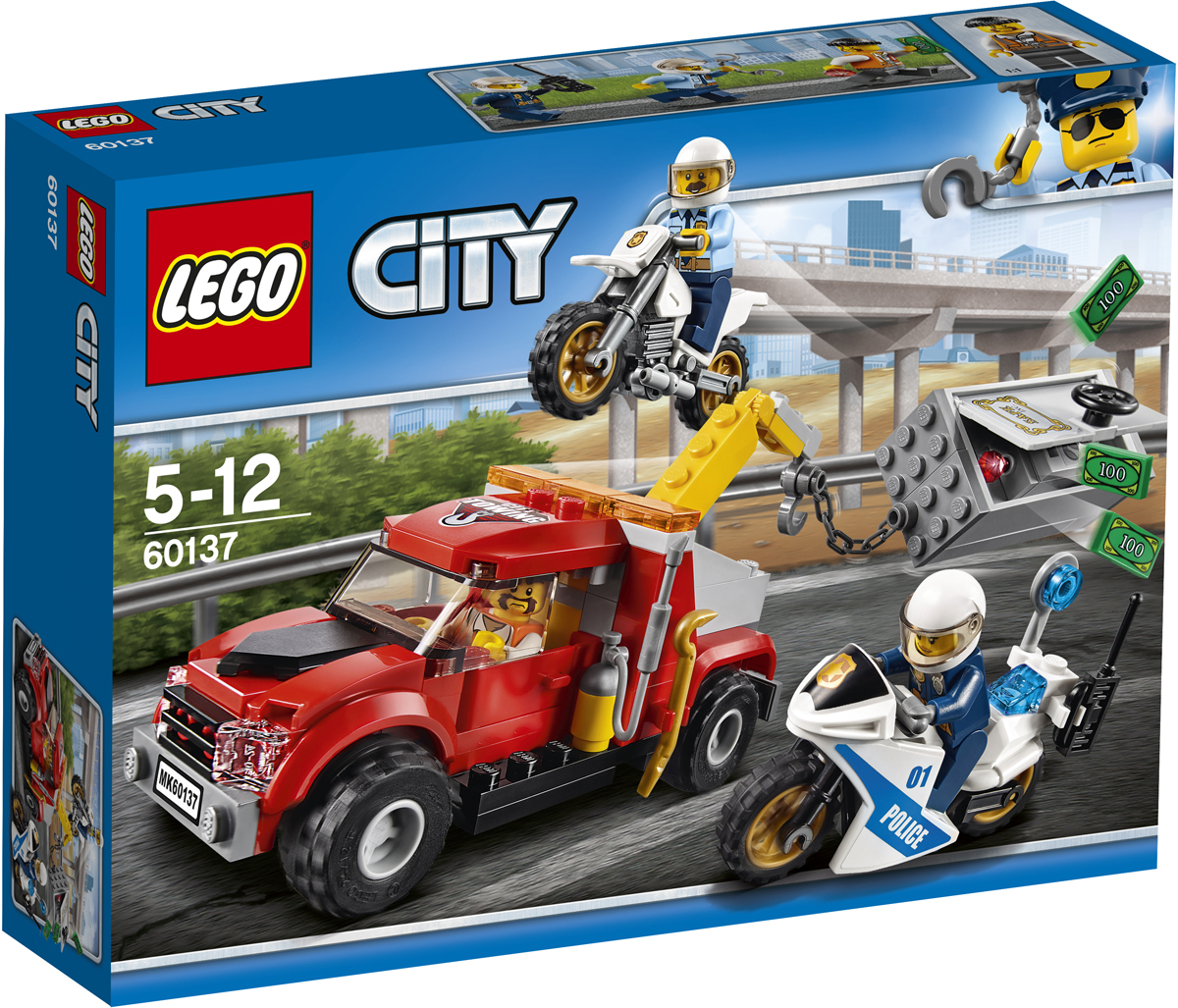 LEGO City Конструктор Побег на буксировщике 6013760137 LEGO City Конструктор Побег на буксировщике 6013760137Помогите офицерам на мотоциклах составить план поимки воришек! Прыгайте в седло мотоцикла-внедорожника или гоночного мотоцикла и гоните за буксировщиком. Верните сейф, произведите молниеносный арест и отправьте воришку в тюрьму. Еще один захватывающий рабочий день в полиции LEGO City. Набор включает в себя 144 разноцветных пластиковых элемента. Конструктор - это один из самых увлекательных и веселых способов времяпрепровождения. Ребенок сможет часами играть с конструктором, придумывая различные ситуации и истории.