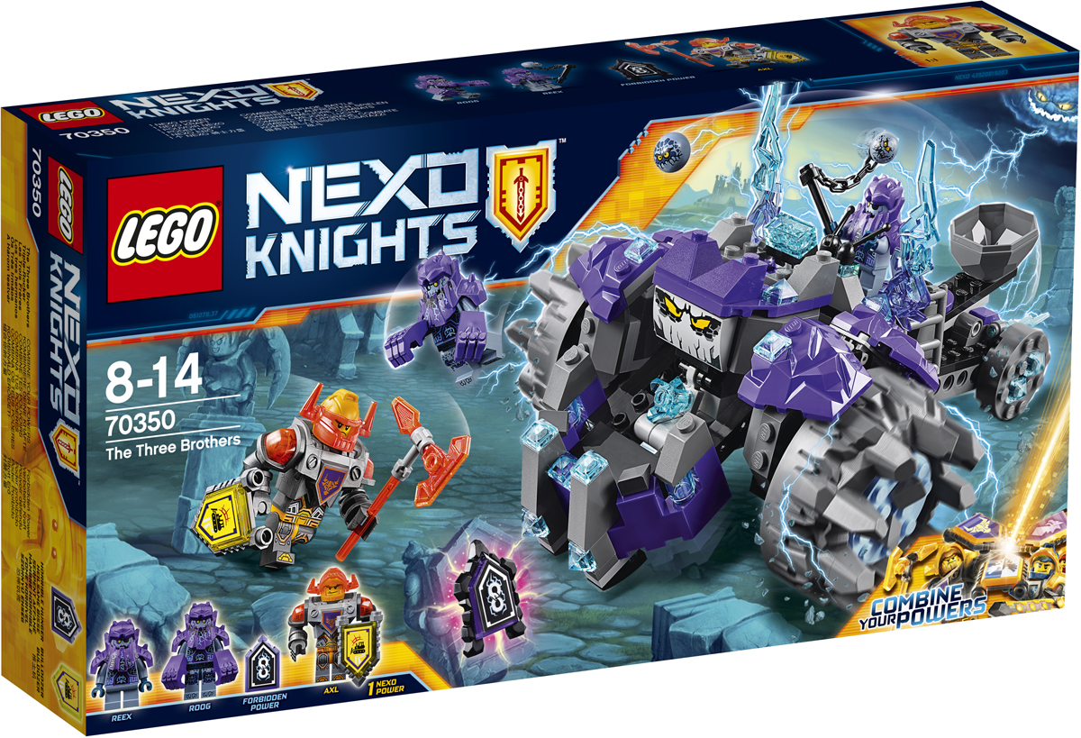 LEGO NEXO KNIGHTS Конструктор Три брата 7035070350 LEGO NEXO KNIGHTS Конструктор Три брата 7035070350Отправляйтесь в горы и остановите древних монстров, которых пробудил к жизни злобный Монстрокс. Деритесь лицом к лицу с крутящимся монстром, то и дело клацающим своими жуткими челюстями, а потом берите боевой топор и отправляйтесь сражаться с Ругом и Риксом. Но берегитесь летающих каменных монстров — гравильеров! Набор включает в себя 266 разноцветных элементов, 3 минифигурки, 2 щита для сканирования. Конструктор - это один из самых увлекательных и веселых способов времяпрепровождения. Ребенок сможет часами играть с конструктором, придумывая различные ситуации и истории.