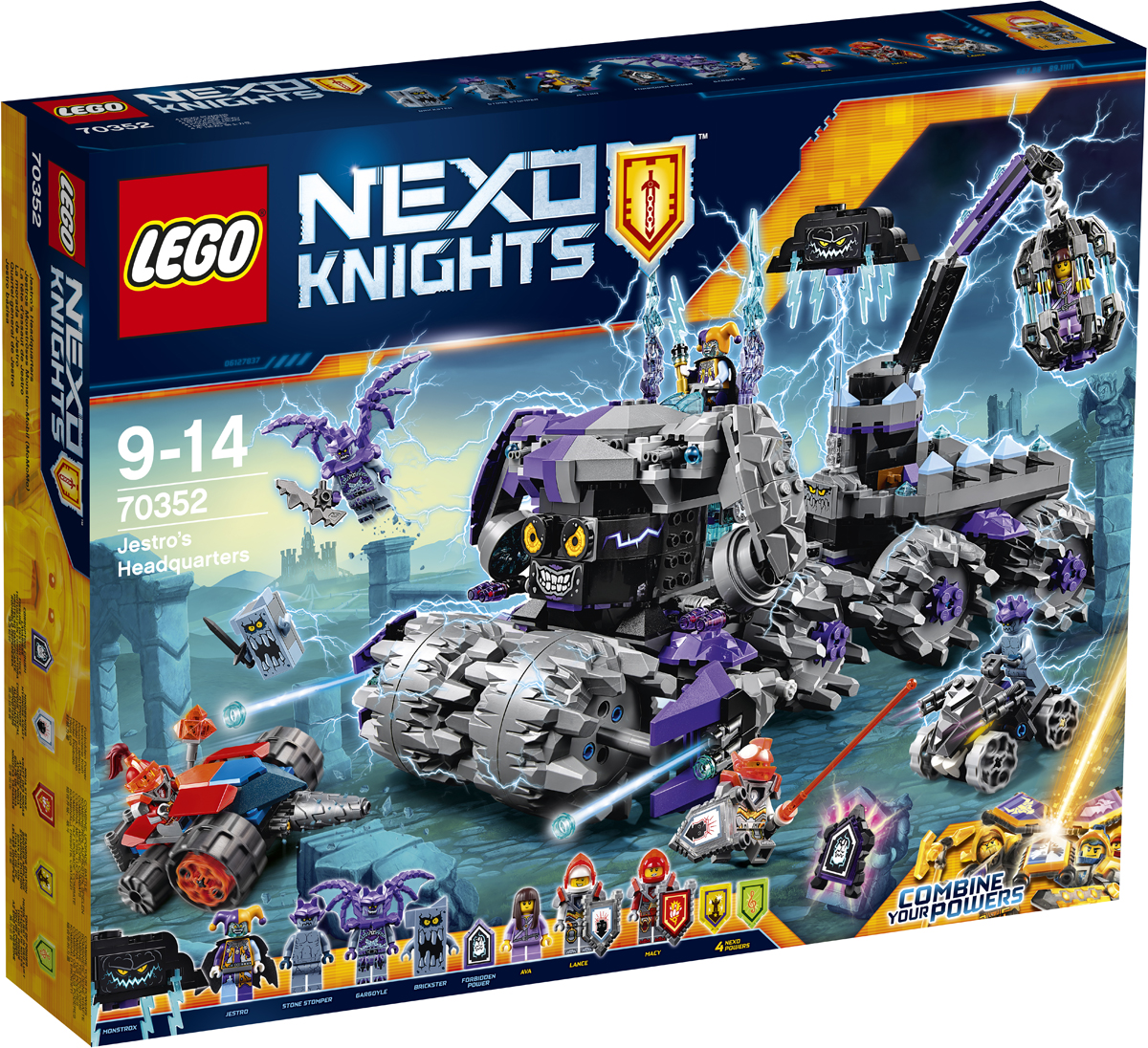 LEGO NEXO KNIGHTS Конструктор Штаб Джестро 7035270352 LEGO NEXO KNIGHTS Конструктор Штаб Джестро 7035270352Атакуйте штурмовой разрушитель Джестро на подрывной машине Мэйси и сразитесь с летающей шляпой «Гататтака» Джестро и каменными машинами! Объедините героев LEGO NEXO KNIGHTS™ и комбинируйте их NEXO-Силы, чтобы не позволить Джестро заполучить запретные силы, и спасите Эву из висячей клетки! Набор включает в себя 840 разноцветных элементов и 5 щитов для сканирования, дающих 4 NEXO-Силы: «Удар ниндзя», «Заклинатель», «Сила музыки» и «Бурные аплодисменты», а также запретная сила «Раскол земной поверхности». Конструктор - это один из самых увлекательных и веселых способов времяпрепровождения. Ребенок сможет часами играть с конструктором, придумывая различные ситуации и истории.