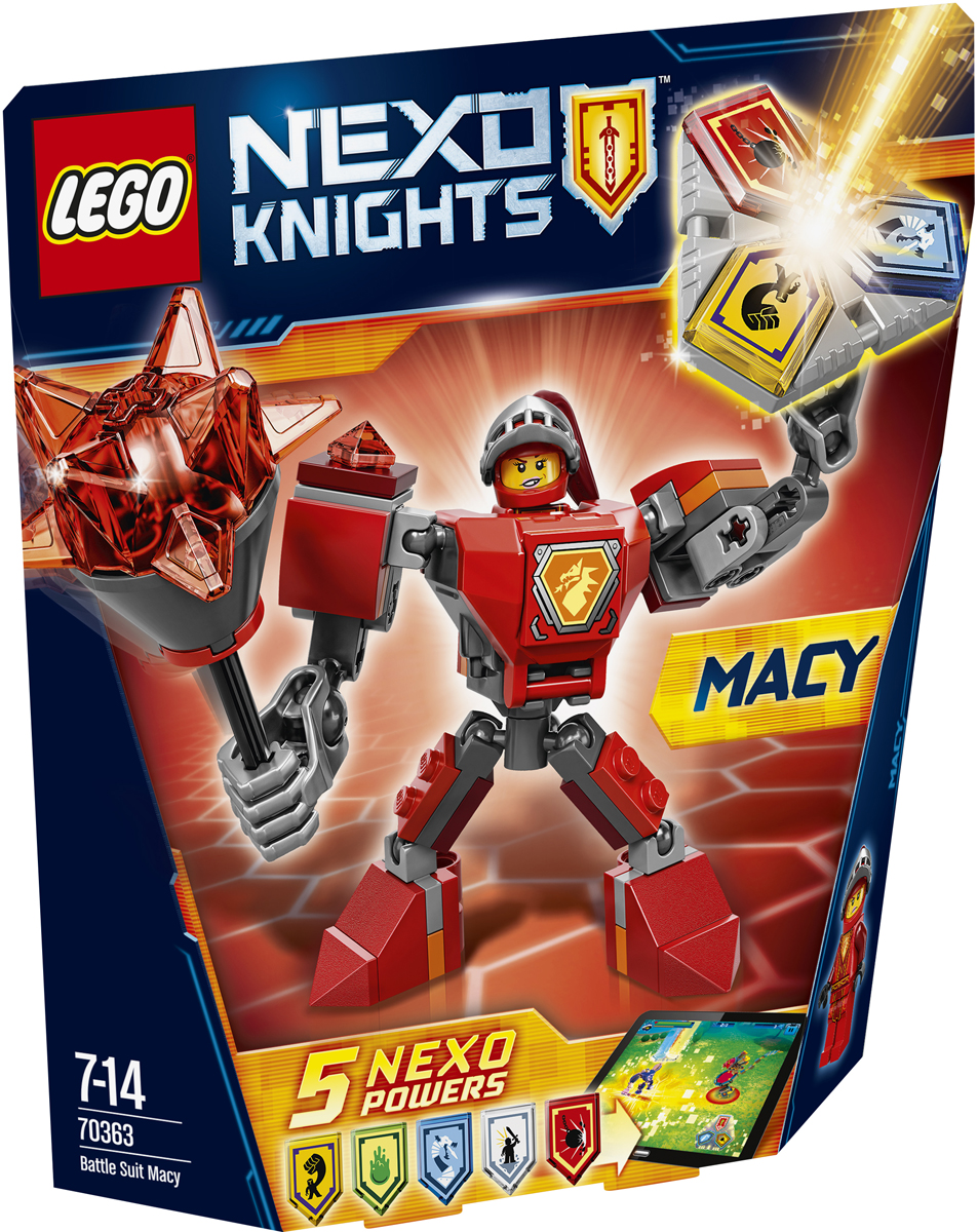 LEGO NEXO KNIGHTS Конструктор Боевые доспехи Мэйси 7036370363 LEGO NEXO KNIGHTS Конструктор Боевые доспехи Мэйси 7036370363Облачайтесь в полные боевые доспехи, чтобы победить в бою. Отправьте Мэйси, вооруженную гигантской булавой сражаться с врагом. А потом сами придумайте, как вам в одиночку победить Монстрокса и каменных монстров с помощью трех любых NEXO-Сил, которые вы объедините в уникальную комбинацию. Отсканируйте их при помощи бесплатного приложения LEGO NEXO KNIGHTS: MERLOK 2.0. Выберите одну из пяти NEXO-Сил: Шаровой таран, Железный дракон, Боевой клич, Взрыв слизи и Мощный удар. Герои NEXO KNIGHTS могут контролировать собственную комбинацию NEXO-Сил и спасти Найтон только в полном боевом облачении! Набор включает в себя 66 разноцветных пластиковых элементов. Конструктор - это один из самых увлекательных и веселых способов времяпрепровождения. Ребенок сможет часами играть с конструктором, придумывая различные ситуации и истории.