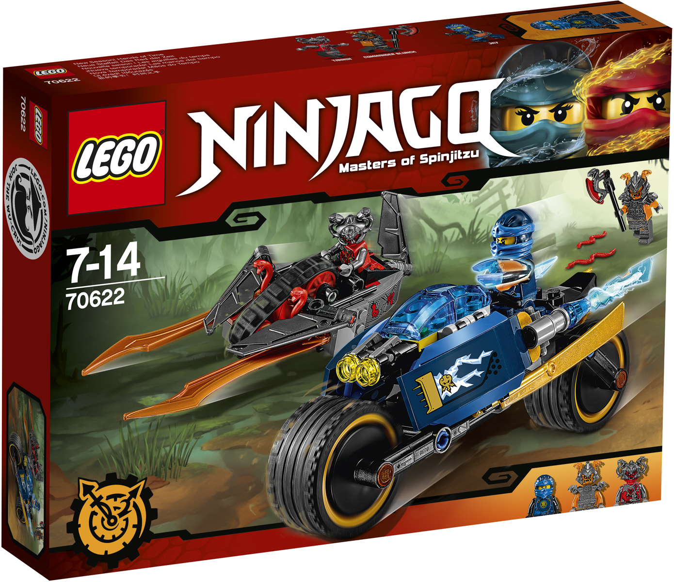 LEGO NINJAGO Конструктор Пустынная молния 7062270622 LEGO NINJAGO Конструктор Пустынная молния 7062270622Прыгай на свой удивительный мотоцикл «Пустынная молния» и поезжай по песку вдоль болота. Гоночная машина Алого командира Бланка отправляется в погоню, но ты сможешь оставить его далеко позади, если переведешь двигатели в режим молнии. Уклоняйся от наземных атак Таннина и отстреливайся при помощи орудий в передней части мотоцикла. Доберись первым до драгоценного Клинка, замедляющего время, и увези его в безопасное место.