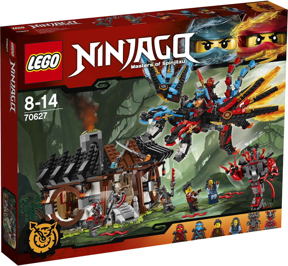 LEGO NINJAGO Конструктор Кузница Дракона 7062770627 LEGO NINJAGO Конструктор Кузница Дракона 7062770627Собери Дракона стихий из огня и воды и отправь его в небо. Помоги Рэю и Майе, которых воины Алой армии держат в кузнице и заставляют ковать оружие. Стреляй из драконьего лука, чтобы победить могучего робота Бафмиллиона. Приземлись на крышу кузницы, отрази атаки командира Раггмунка и Слэкджека, дерущихся мечом и топором, и проникни внутрь здания. Отыщи спрятанный Драконий кинжал, чтобы зажечь кузнечный горн. Освободи родителей Кая и Нии и получи Клинок перемотки времени.