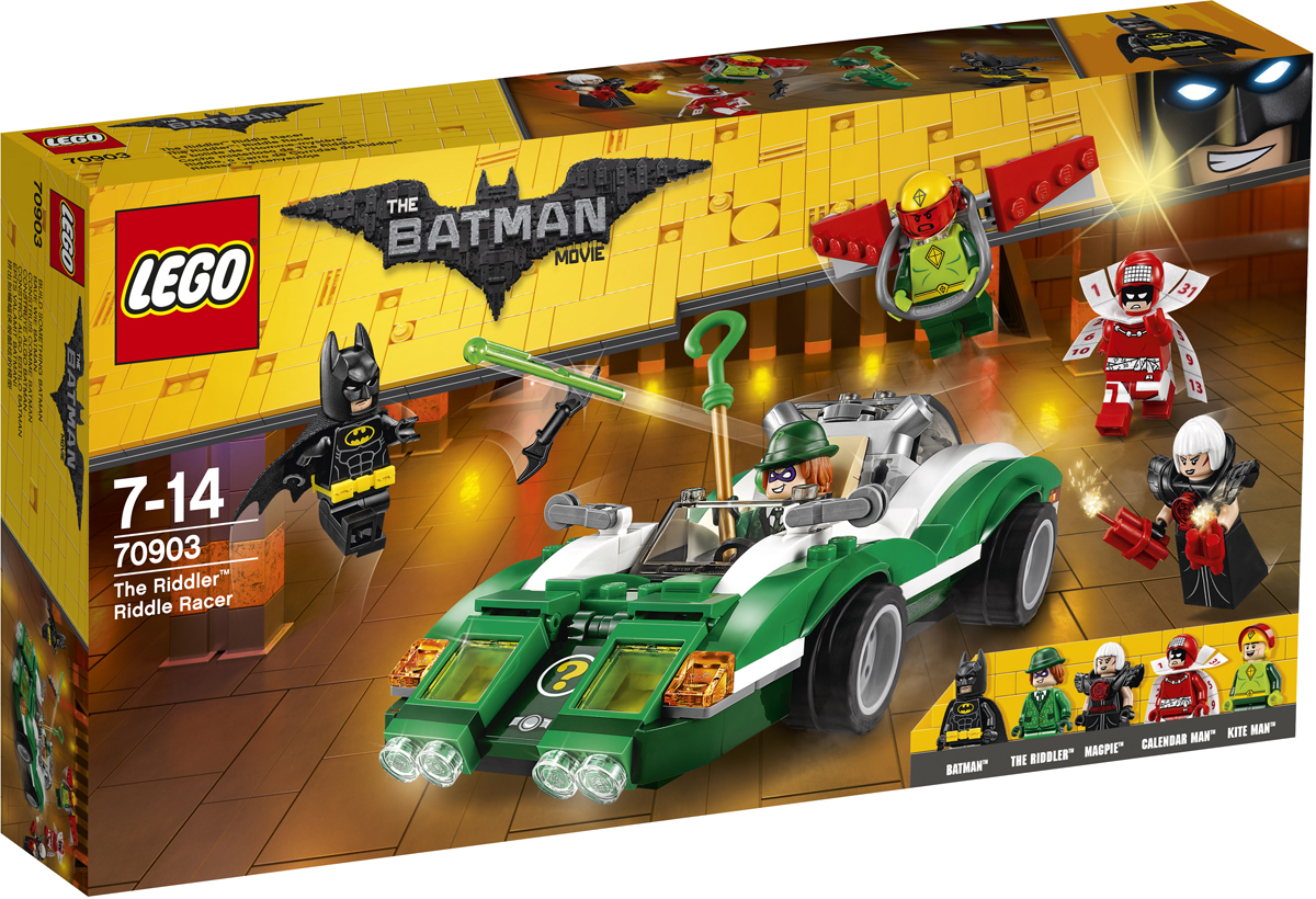 LEGO Batman Movie Конструктор Гоночный автомобиль Загадочника 7090370903 LEGO Batman Movie Конструктор Гоночный автомобиль Загадочника 7090370903Загадочник, Кайтмен, Сорока и Человек-календарь сеют хаос и разрушения на электростанции Готем-сити. Объедини силы с Бэтменом и останови их. Но берегись шутеров с пружинным механизмом, установленных на гоночном автомобиле Загадочника. Еще тебе предстоит уворачиваться от динамитных шашек, которые бросает Сорока. Уклоняйся от атак Кайтмена, который нападает с воздуха. Используй бэтаранг Бэтмена, чтобы захватить суперзлодеев в плен.