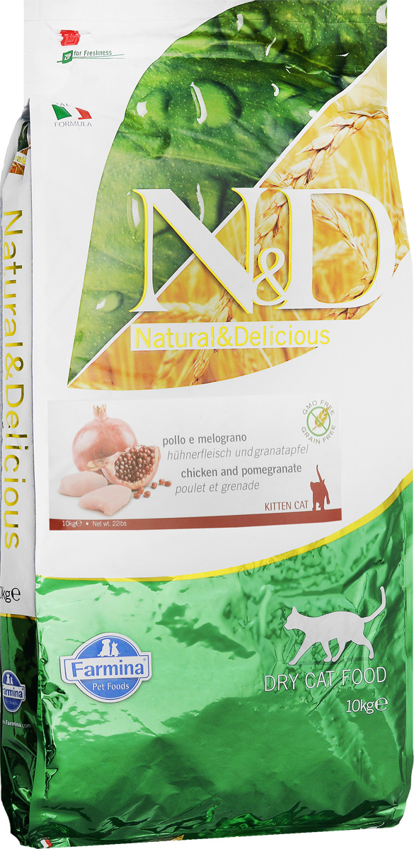 Корм сухой Farmina N&D для котят, беременных и лактирующих кошек, беззерновой, с курицей и гранатом, 10 кг00839 Корм сухой Farmina N&D для котят, беременных и лактирующих кошек, беззерновой, с курицей и гранатом, 10 кг00839Сухой корм Farmina N&D является беззерновым полноценным питанием для котят, беременных и лактирующих кошек. Изделие имеет высокое содержание витаминов и питательных веществ. Сухой корм содержит натуральные компоненты, которые необходимы для полноценного и здорового питания домашних животных. Рецептура корма построена по принципу питания плотоядных. Товар сертифицирован.