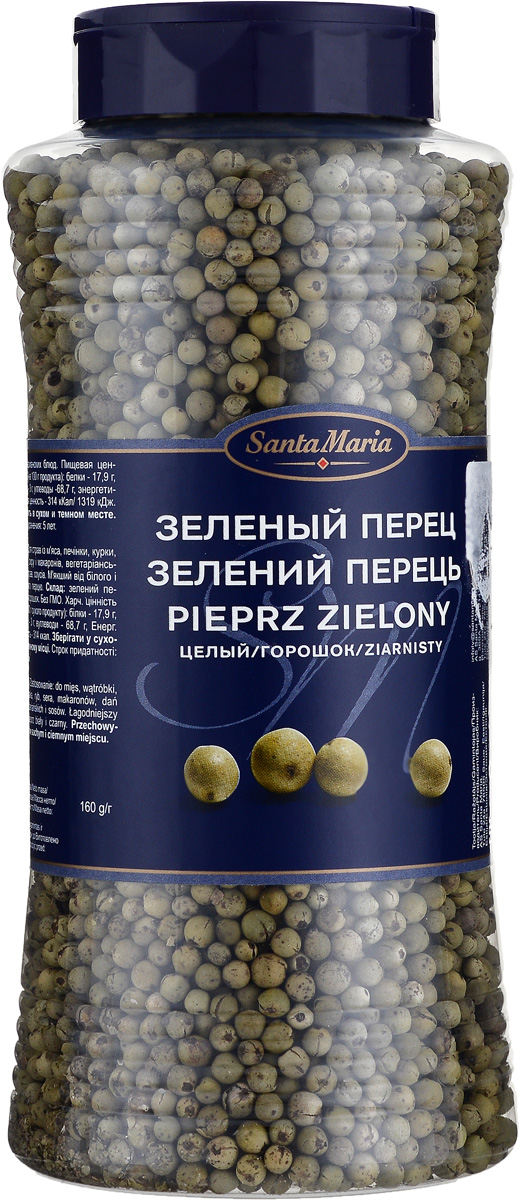 Santa Maria Зеленый перец целый, 160 г15178 Santa Maria Зеленый перец целый, 160 г15178Зеленый перец мягче белого и черного перцев. Подходит для приготовления супов, маринадов и консервирования. В супы лучше добавлять за 5 минут до готовности. В измельченном виде подходит для мяса, рыбы, курицы, салатов и вегетарианских блюд.