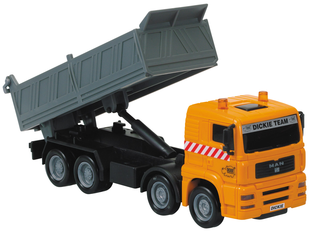 Dickie Toys Самосвал MAN цвет оранжевый серый3744001_оранжевый, серый, черный, 203744001 Dickie Toys Самосвал MAN цвет оранжевый серый3744001_оранжевый, серый, черный, 203744001Самосвал Dickie Toys MAN непременно понравится вашему ребенку. Игрушка выполнена из прочного пластика в виде мощного самосвала. Кузов самосвала поднимается, задний борт откидывается. Опускается кузов с помощью рычага в основании кузова. Большие ребристые колеса имеют хорошее сцепление с любой поверхностью. С этой игрушкой ваш малыш будет часами занят игрой. Порадуйте его таким замечательным подарком!