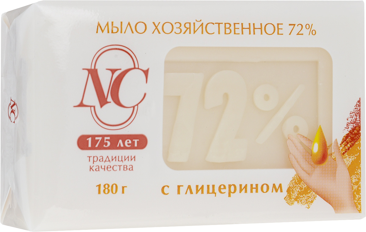 Мыло хозяйственное 72%, с глицерином, 180 г11145 Мыло хозяйственное 72%, с глицерином, 180 г11145Мыло хозяйственное 72% подходит для ручной стирки изделий из всех типов тканей. Обладает увлажняющим эффектом. Дает обильную пену даже в холодной воде. Подходит для стирки, уборки, мытья посуды и мытья рук Высокое качество компонентов. Без отдушки и красителей Имеет в составе косметическую добавку, которая смягчает кожу рук. Товар сертифицирован.