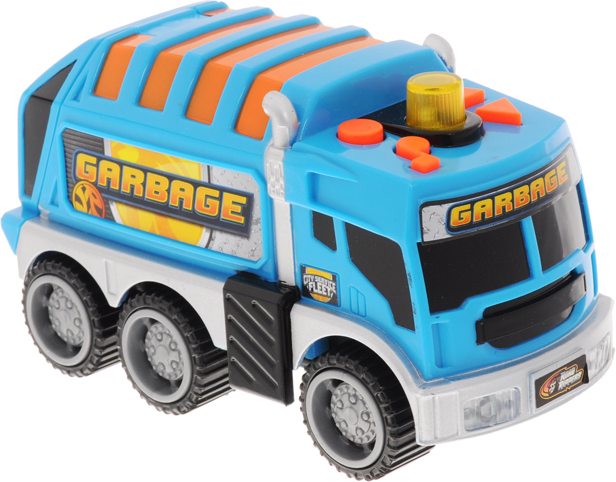 Toystate Мусоровоз цвет голубой оранжевый33220TS_голубой, оранжевый Toystate Мусоровоз цвет голубой оранжевый33220TS_голубой, оранжевыйМусоровоз Toystate прекрасно дополнит коллекцию городской техники вашего ребенка. Машина изготовлена из яркого безопасного пластика, задняя часть кузова открывается. При нажатии кнопок на крыше машинка едет вперед, назад, раздаются звук работающего двигателя, сигнал заднего хода, клаксон, и играет музыка. Мигалка на крыше кабины светится. Все эти звуки и движения превращают игру с машинкой в реалистичный и увлекательный процесс. Ваш ребенок будет часами играть с этой машинкой, придумывая различные истории. Порадуйте его таким замечательным подарком! Для работы игрушки необходимы 2 батарейки типа ААА (товар комплектуется демонстрационными).