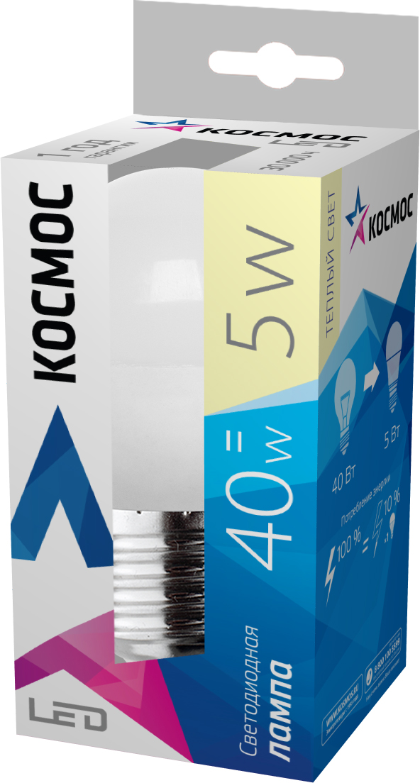 Светодиодная лампа Kosmos, теплый свет, цоколь E27, 5W, 220VLksm_LED5wGL45E2730 Светодиодная лампа Kosmos, теплый свет, цоколь E27, 5W, 220VLksm_LED5wGL45E2730Светодиодная лампа КОСМОС LED GL45 5Вт 220В E27 3000K (Lksm LED5wGL45E2730) с цоколем Е27 и матовым плафоном. Для стопроцентной яркости требуется 0,05 секунды. Номинальное напряжение для лампы – 220 Вольт. Обладает световым потоком в 350 Лм и полноценно заменяет лампу накаливания в 40W.
